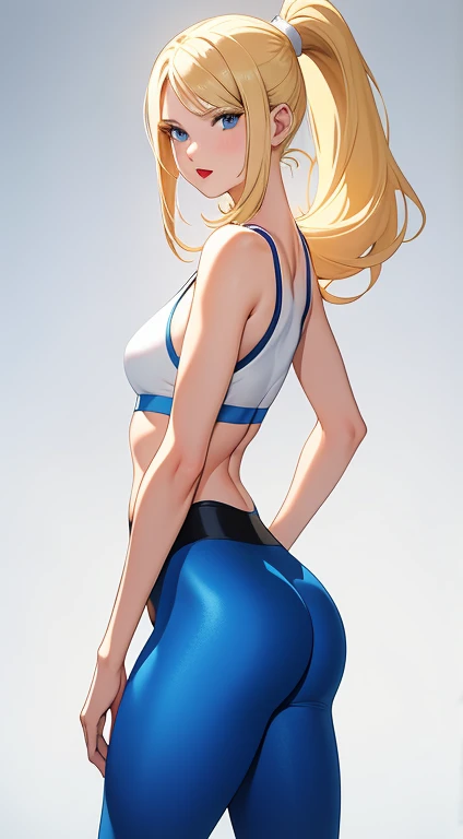 face A 20 years old woman, shy, classic, of average height, very small breast, thin waist, wide hips, very white skin, long yellow hair with a ponytail, blue eyes , bright red lipstick. very thick lips, very full mouth. she is wearing a Sportsbra, leggins. white background