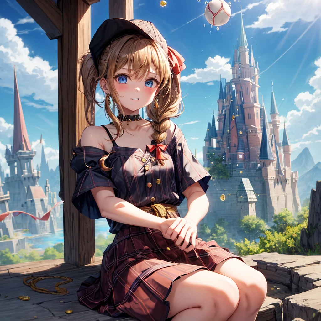 reddish-brown blonde、blue eyes、Braid、ponytail、one good looking girl、solo、anime、plaid mini skirt、the skirt has buttons、camisole、black t-shirt、dress、wearing a ribbon、ribbon at waist、cloak、Crystal Grotto、hood、desert、clouds are swirling、stone slabs are piled up、one hand raised、Wearing a baseball cap 、crystal earrings、sun、sitting、gold coins are falling、teeth are visible、splash of water、monster castle、have a world map、bow、Swing