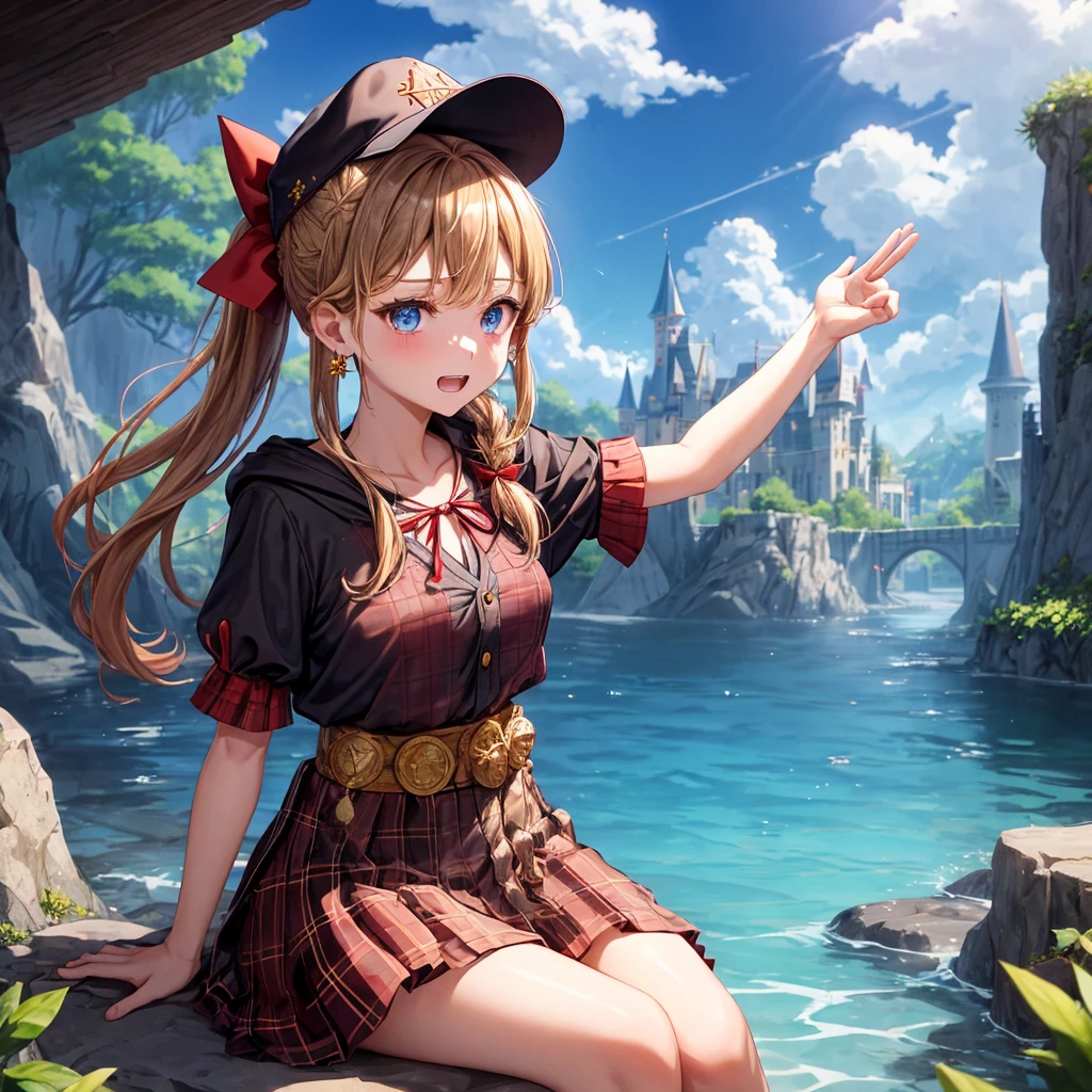 reddish-brown blonde、blue eyes、Braid、ponytail、one good looking girl、solo、anime、plaid mini skirt、the skirt has buttons、camisole、black t-shirt、dress、wearing a ribbon、ribbon at waist、cloak、Crystal Grotto、hood、desert、clouds are swirling、stone slabs are piled up、one hand raised、Wearing a baseball cap 、crystal earrings、sun、sitting、gold coins are falling、teeth are visible、splash of water、monster castle、have a world map、bow、Swing