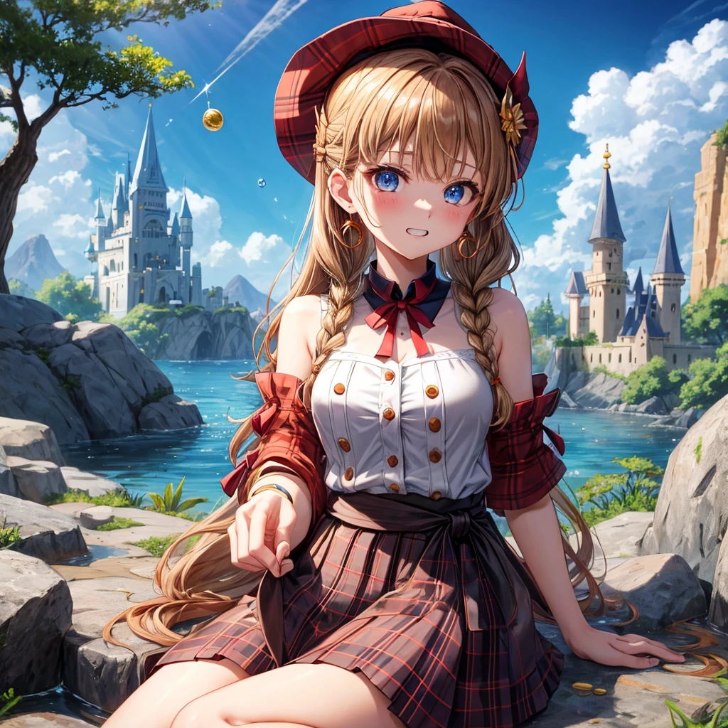 reddish-brown blonde、blue eyes、Braid、ponytail、one good looking girl、solo、anime、plaid mini skirt、the skirt has buttons、camisole、black t-shirt、dress、wearing a ribbon、ribbon at waist、cloak、Crystal Grotto、hood、desert、clouds are swirling、stone slabs are piled up、one hand raised、Wearing a baseball cap 、crystal earrings、sun、sitting、gold coins are falling、teeth are visible、splash of water、monster castle、have a world map、bow、Swing