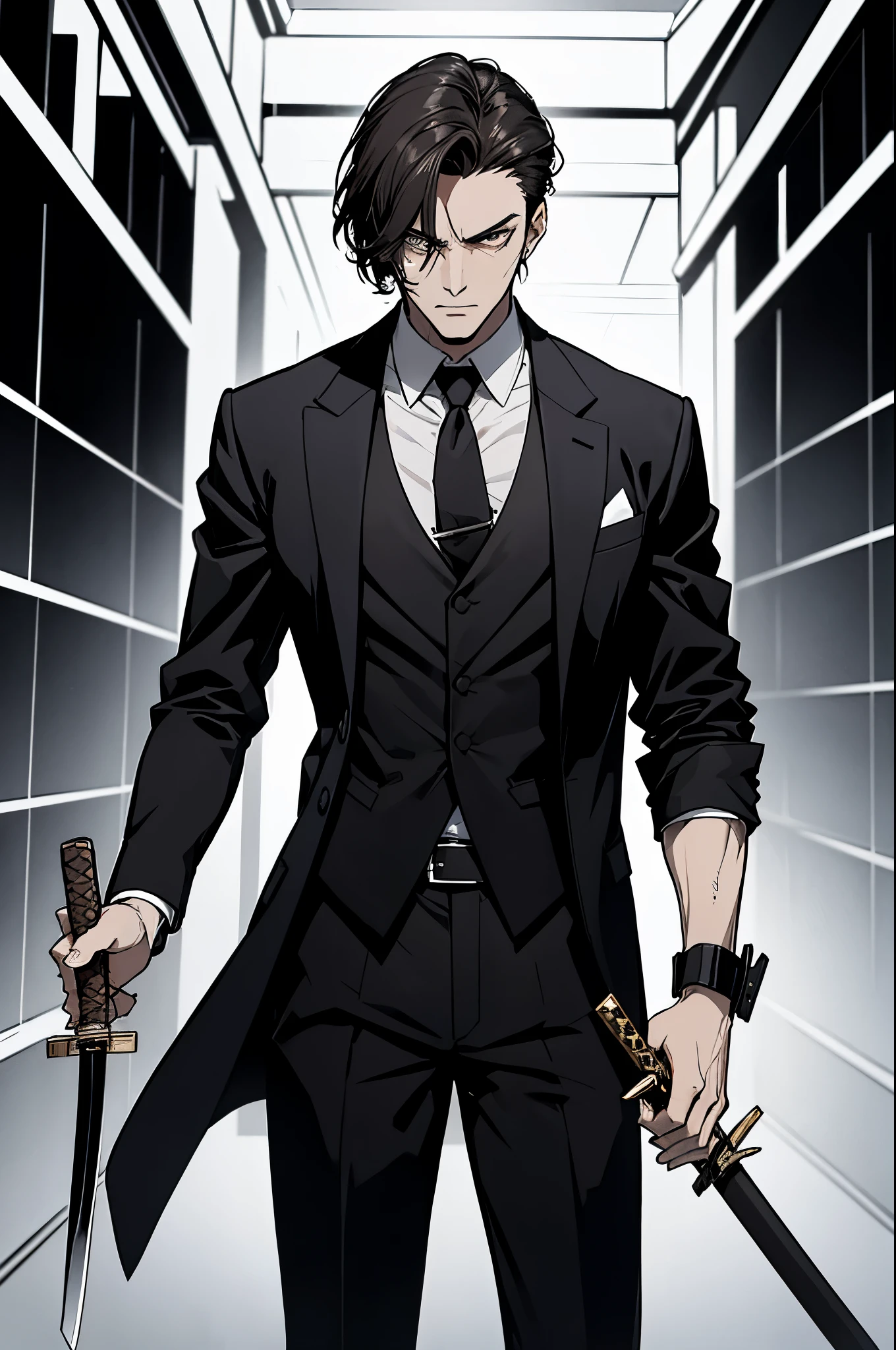 tall brunette man with short hair, whose appearance always causes horror and awe. He usually wears black trousers and a black coat., which emphasize his courageous appearance and strict style. In his hand there is always a katana - a Japanese weapon with a sparkling blade.. This mafia boss is an unyielding leader.. Expressive eyes of the head of the mafioso, full of cruelty and determination, force his subordinates to immediately carry out his orders.