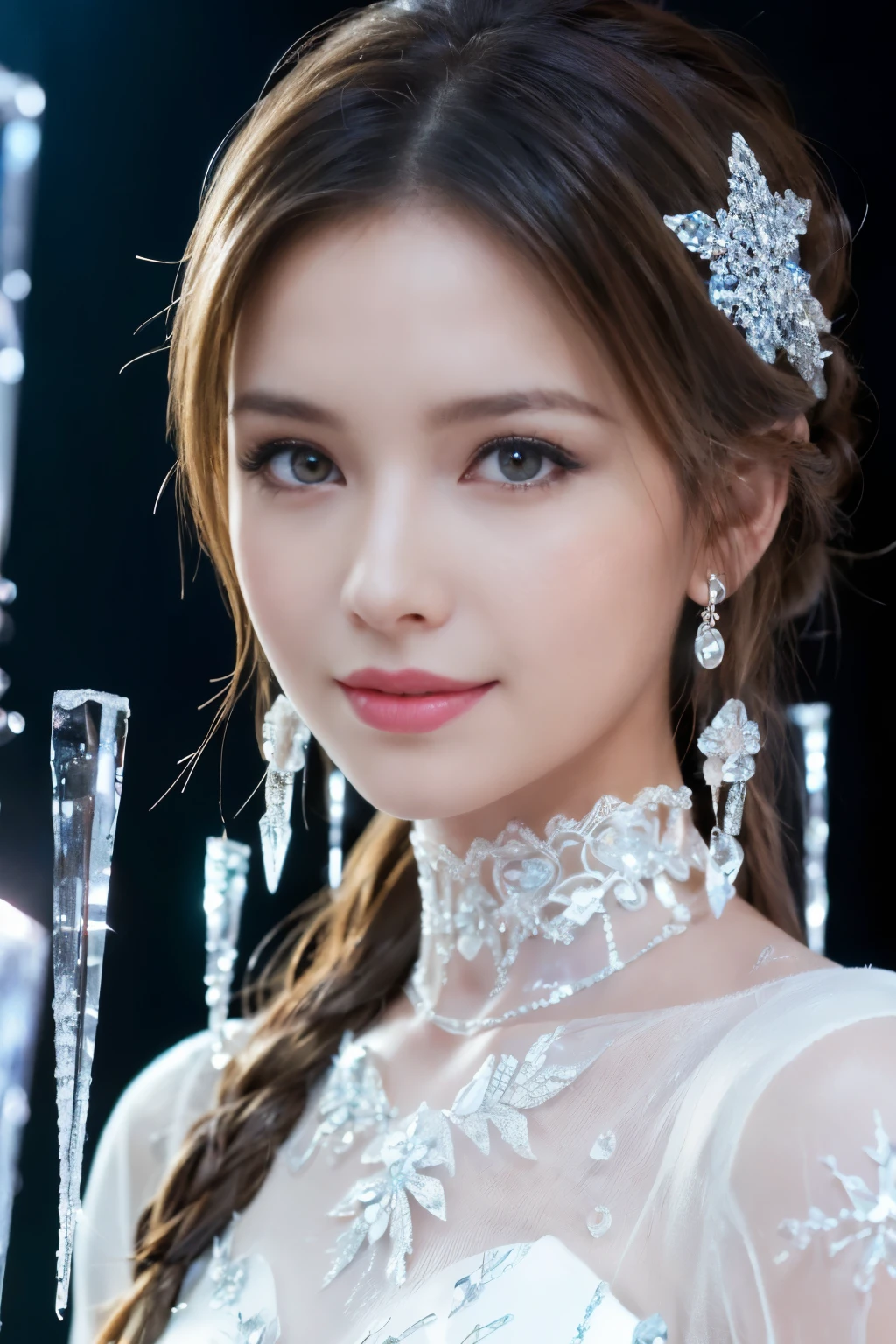 ((table top:1.4, highest quality)), (realistic pictures:1.4), 
((1 girl)), 
(超High resolution:1.2), very delicate and beautiful, wonderful, 
Highly detailed CG Unity 8k wallpaper, Super detailed, High resolution, soft light, 
beautiful detailed girl, highly detailed eyes and face, beautifully detailed nose, beautiful and detailed eyes, 
(wearing a dressed up costume:1.4),
cinematic lighting, perfect anatomy, slender body, thin chest,
(ice castle guest room, Ice Room, ice furniture, ice chandelier, lit up in the dark:1.3), (A fantastic world of ice and light, transparency of ice, The aesthetics of light refracting through ice:1.3), (A world of inorganic beauty where everything is covered in icicles and frozen.:1.3), Beautiful,
cowboy shot, looking at the viewer, smile
