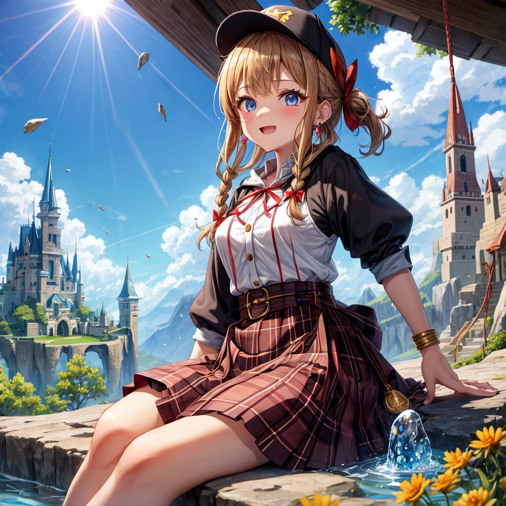 reddish-brown blonde、blue eyes、Braid、ponytail、one good looking girl、solo、anime、plaid mini skirt、the skirt has buttons、camisole、black t-shirt、dress、wearing a ribbon、ribbon at waist、cloak、Crystal Grotto、hood、desert、clouds are swirling、stone slabs are piled up、one hand raised、Wearing a baseball cap 、crystal earrings、sun、sitting、gold coins are falling、teeth are visible、splash of water、monster castle、have a world map、bow、Swing