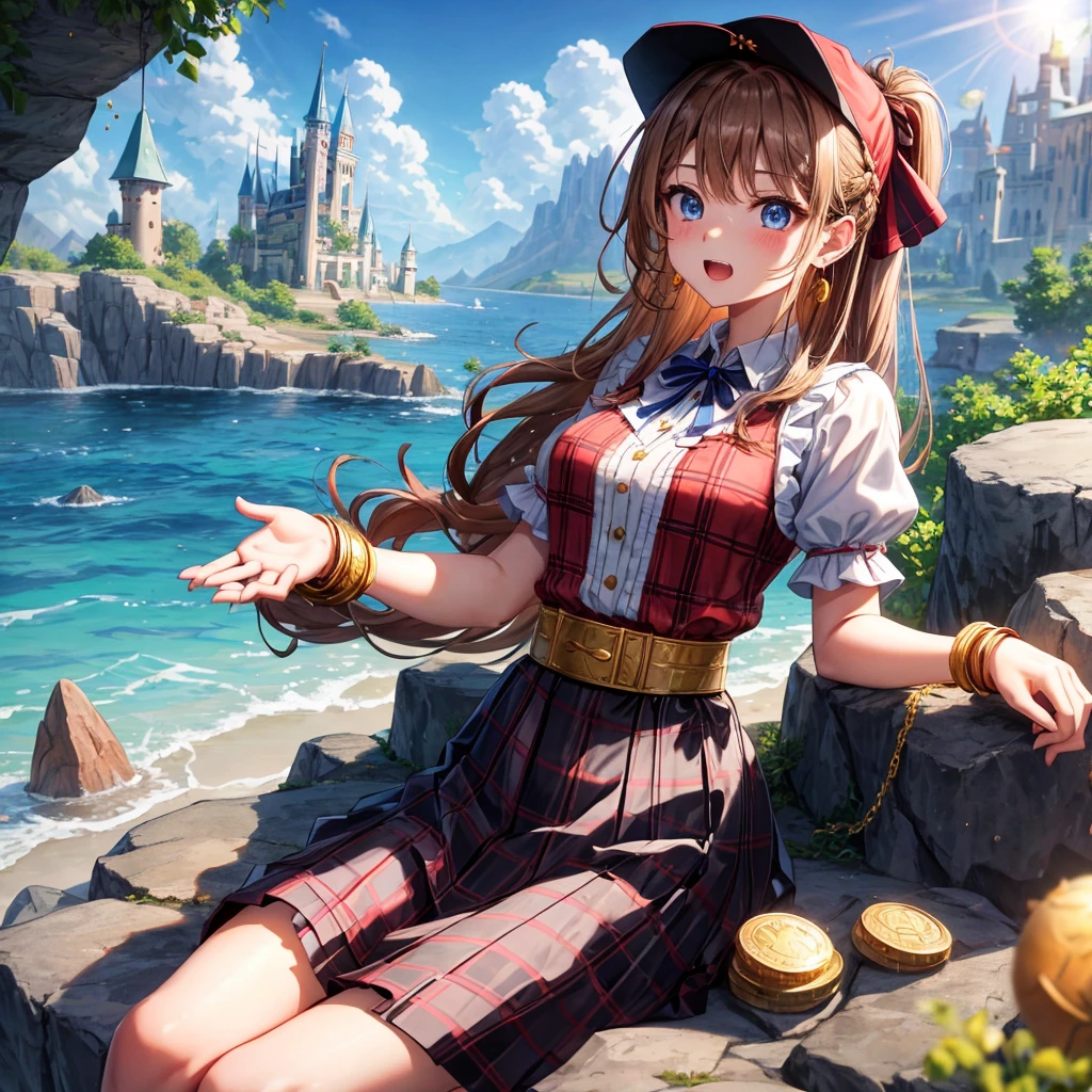 reddish-brown blonde、blue eyes、Braid、ponytail、one good looking girl、solo、anime、plaid mini skirt、the skirt has buttons、camisole、black t-shirt、dress、wearing a ribbon、ribbon at waist、cloak、Crystal Grotto、hood、desert、clouds are swirling、stone slabs are piled up、one hand raised、Wearing a baseball cap 、crystal earrings、sun、sitting、gold coins are falling、teeth are visible、splash of water、monster castle、have a world map、bow、Swing