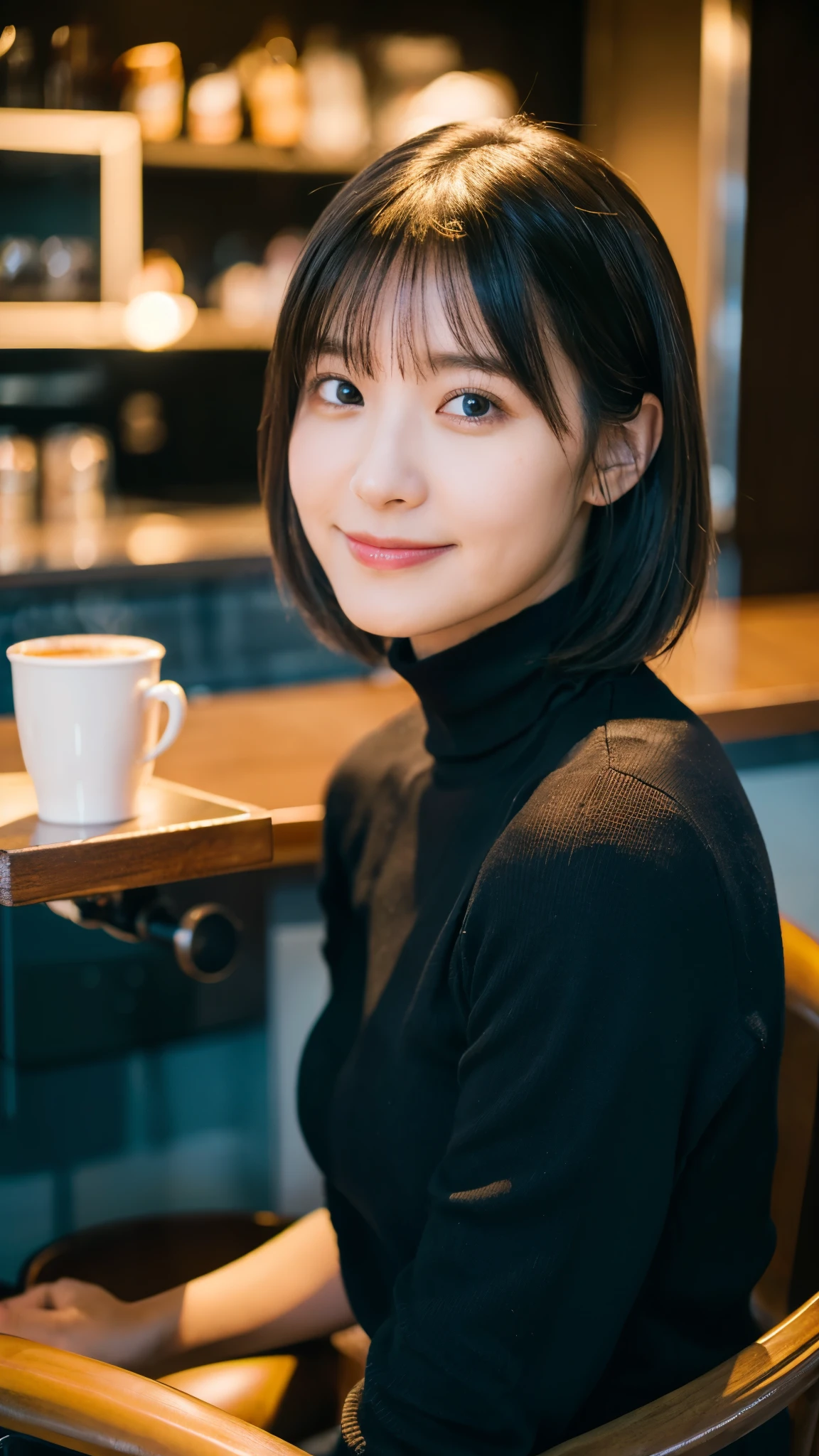 (highest quality,masterpiece:1.3,ultra high resolution),(Super detailed,caustics,8k),(photorealistic:1.4,RAW shooting),Cafe,counter seat,Chair,Coffee cup,20-year-old,cute,1 girl,black short hair,turtleneck sweater,big ,long skirt,look at the camera with a smile,Chairに座る,side shot,Landscape,bust up shot,soft light,professional writing,face focus