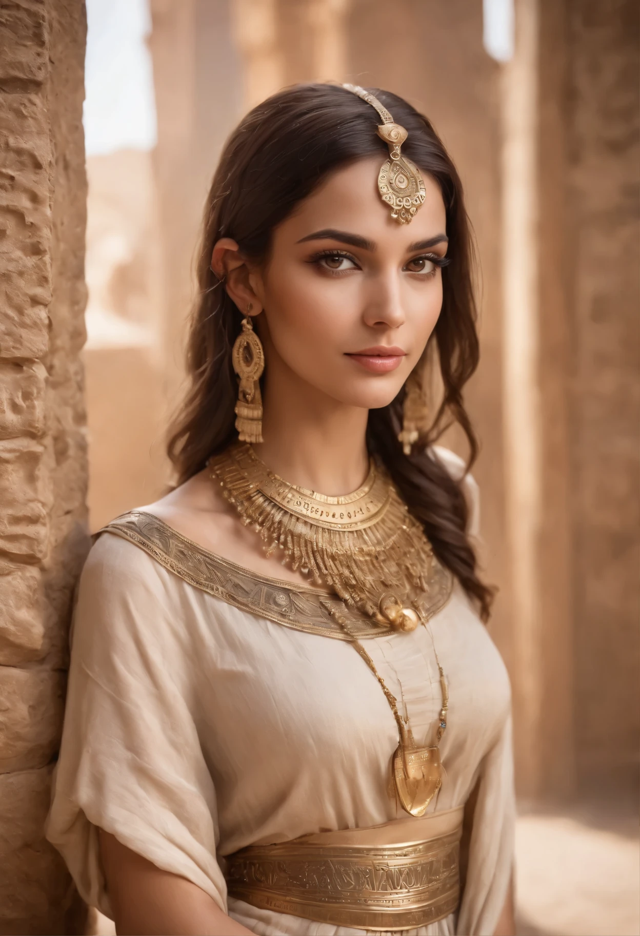 (Enchanting Egyptian scene), (Ultra-realistic 16K resolution), Seductive woman with Egyptian heritage, adornada com roupas tradicionais, gracefully standing near an ancient tomb inside a pyramid, Captivating brown eyes with realistic pupils and irises, Beautifully braided dark hair with realistic complexity, pele bronzeada e radiante com poros naturais, Fit and graceful figure with realistic body proportions, postura relaxada e confiante com anatomia precisa, Captivating smile with realistic expression, adorned with exquisite jewelry and accessories inspired by ancient Egyptian culture, dressed in flowing and elegant tunics that perfectly complement her real appearance, Surrounded by meticulously detailed hieroglyphics and antique prints, Realistic lighting that projects an otherworldly environment.