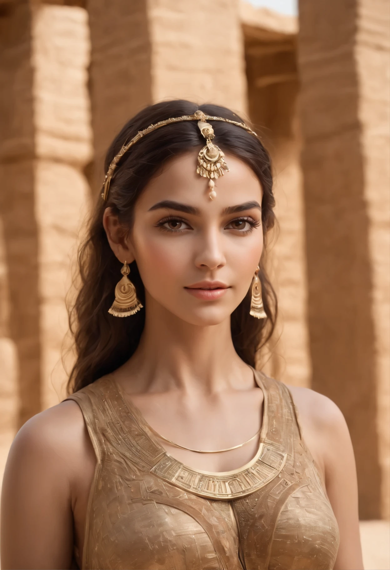 (Enchanting Egyptian scene), (Ultra-realistic 16K resolution), Seductive woman with Egyptian heritage, adornada com roupas tradicionais, gracefully standing near an ancient tomb inside a pyramid, Captivating brown eyes with realistic pupils and irises, Beautifully braided dark hair with realistic complexity, pele bronzeada e radiante com poros naturais, Fit and graceful figure with realistic body proportions, postura relaxada e confiante com anatomia precisa, Captivating smile with realistic expression, adorned with exquisite jewelry and accessories inspired by ancient Egyptian culture, dressed in flowing and elegant tunics that perfectly complement her real appearance, Surrounded by meticulously detailed hieroglyphics and antique prints, Realistic lighting that projects an otherworldly environment.