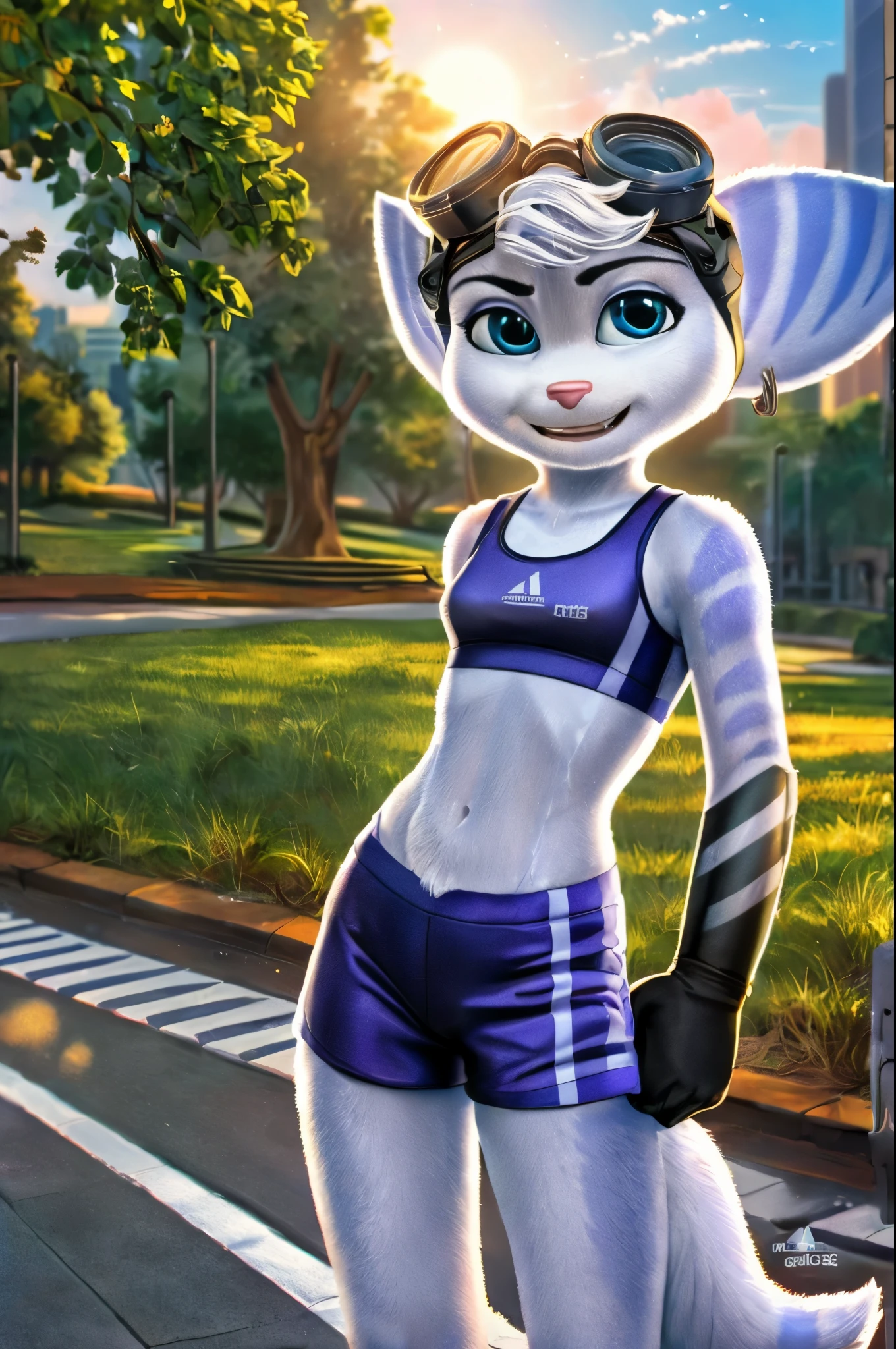 Rivet, furry girl, young,adidas nylon gym shorts, adidas nylon sports bra , adidas sports shoues, city park, evening sun, detailed body fur, detailed body, detailed eyes, detailed face, wet fur, skinny, high quality, masterpiece, small breasts, goggles, :D, looking at you, anime style, full body,