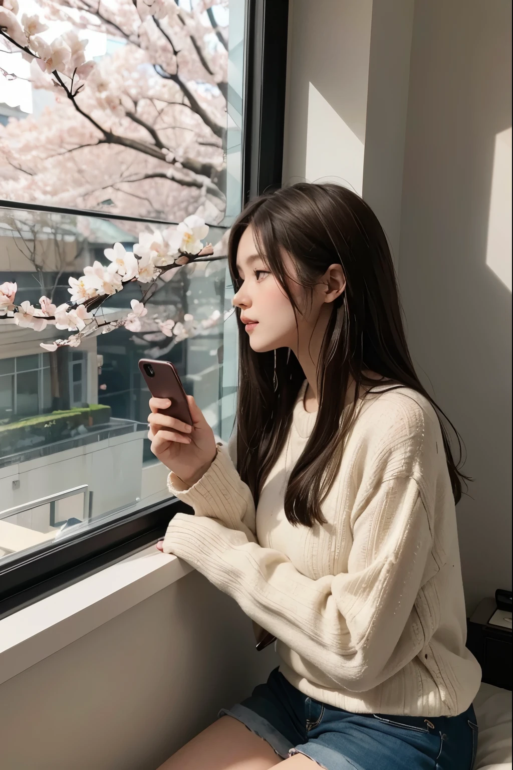 beautiful woman is talking on her smartphone while looking out the window. She is in her room in the apartment. You can see cherry blossoms outside the window. The woman is 20 years old and has dark brown hair