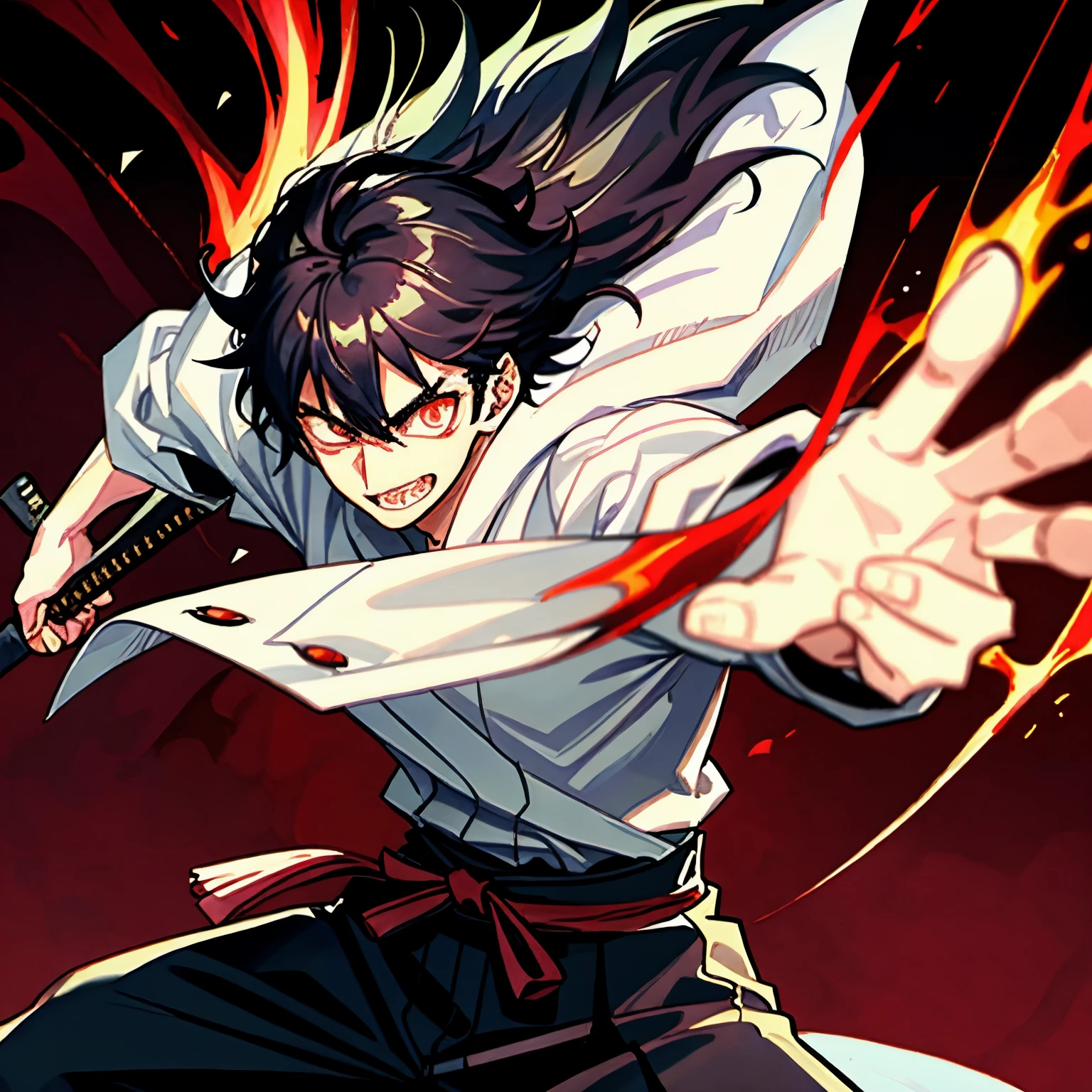 cabelos preto e longos，Red-eyed teenage man，Stand on an empty street at night，extreme hight detail，White jacket，Black Hakama，Aoba Ori，Holding a huge blood-colored weapon in one hand，A Japanese style，Intimidating，Engulfed in flames、Sword，wall-paper，CG compositing，Japan best swordsman、action