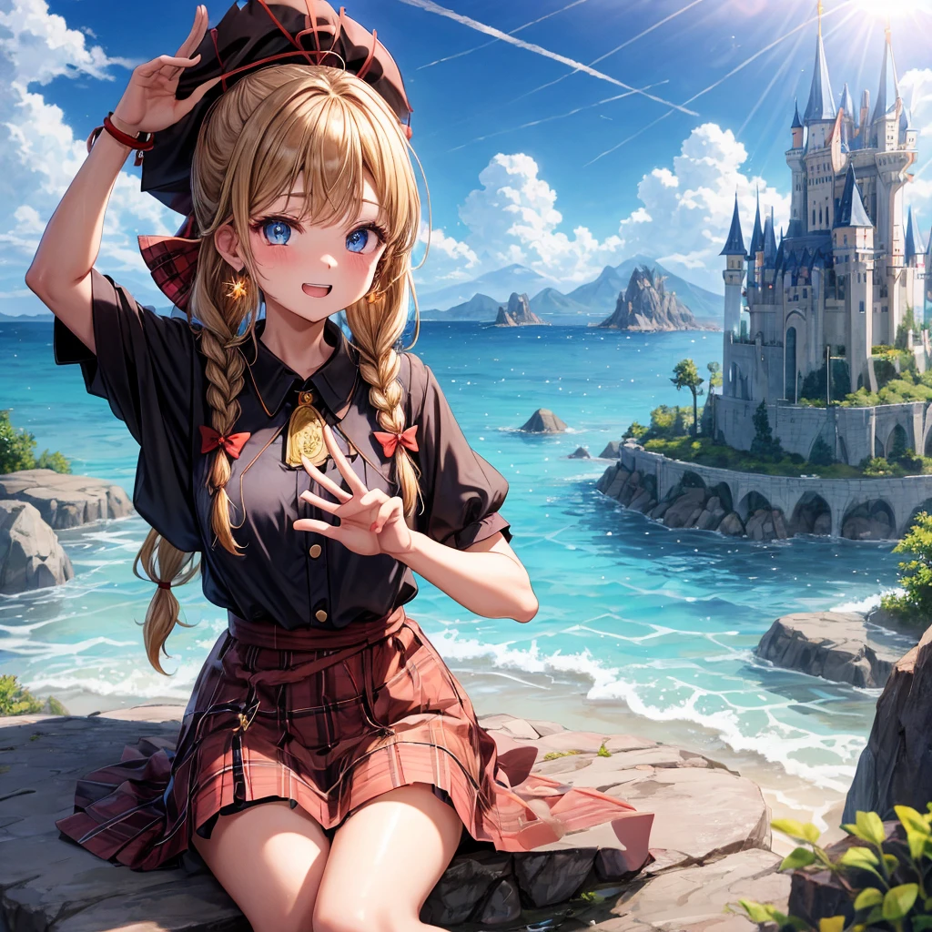 reddish-brown blonde、blue eyes、Braid、ponytail、one good looking girl、solo、anime、plaid mini skirt、the skirt has buttons、camisole、black t-shirt、dress、wearing a ribbon、ribbon at waist、cloak、Crystal Grotto、hood、desert、clouds are swirling、stone slabs are piled up、one hand raised、Wearing a baseball cap 、crystal earrings、sun、sitting、gold coins are falling、teeth are visible、splash of water、monster castle、have a world map、bow、Swing