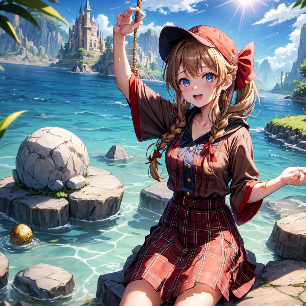 reddish-brown blonde、blue eyes、Braid、ponytail、one good looking girl、solo、anime、plaid mini skirt、the skirt has buttons、camisole、black t-shirt、dress、wearing a ribbon、ribbon at waist、cloak、Crystal Grotto、hood、desert、clouds are swirling、stone slabs are piled up、one hand raised、Wearing a baseball cap 、crystal earrings、sun、sitting、gold coins are falling、teeth are visible、splash of water、monster castle、have a world map、bow、Swing