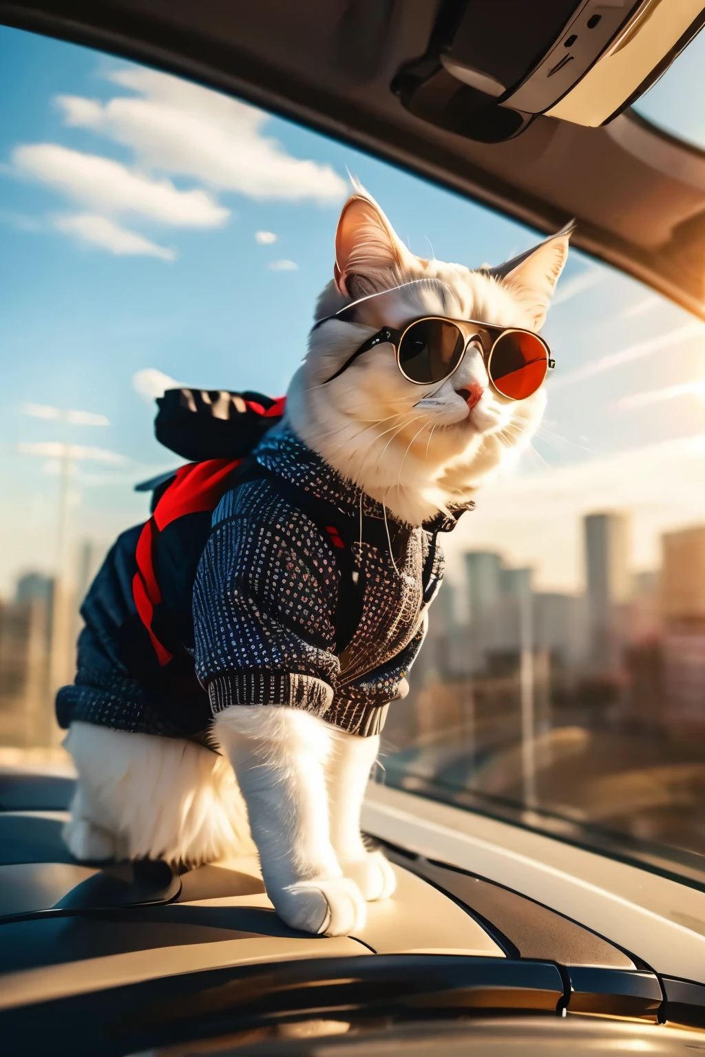 cat is driving in the car, high quality,masterpiece,cat,winter,animal wearing clothes,winter,cool,daytime,active,leisure,adventure,white,goggles,pet fashion,standing,four-legged,photo,depth of field,no captions