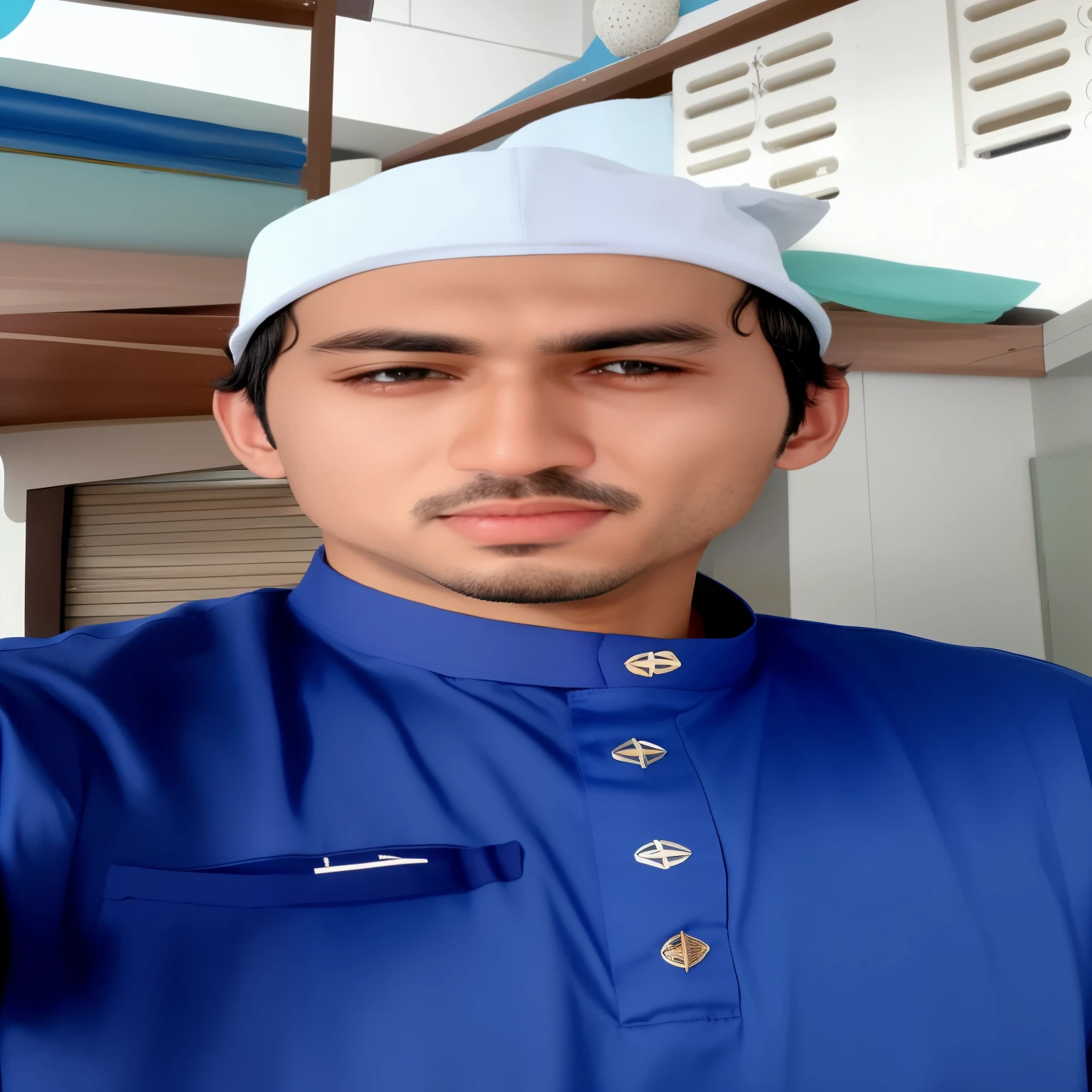 there is a man wearing a blue shirt and a white hat, ismail, ayan nag, with accurate face, riyahd cassiem, with kind face, mohamed chahin style, reyyan, by Abidin Dino, potrait, mohamed chahin, front profile!!!!, shot on nikon z9, inspired by Sarper Baran, morning time