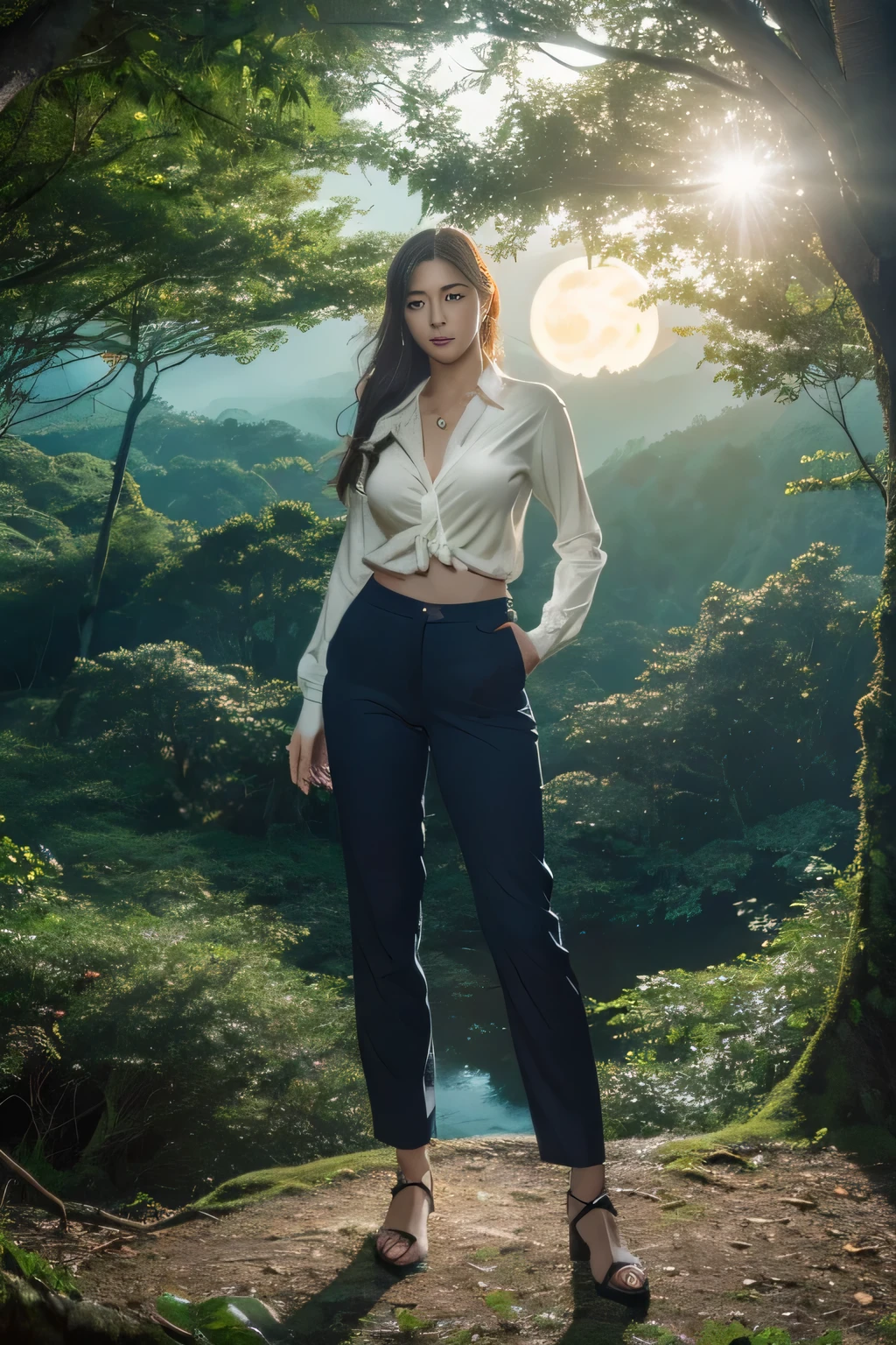 (highest quality,8ｋ,overwhelmingly beautiful:1.2)、(cute japanese girl:1.8、Flawless),(((shirt、pants、jumper)))、(huge breasts:1.10),(Best Beautiful Body)、(Flawless解剖学、beautiful limbs、accurate limbs)、big ass、beautiful thighs、haggard、stagnation、best art、beautiful shine、darkness of night、 atmosphere、(((Fusion with nature、Deep in the mountains of the primeval forest、sea of trees)))、professional photography、Artistic、crescent moon night,moonlight、