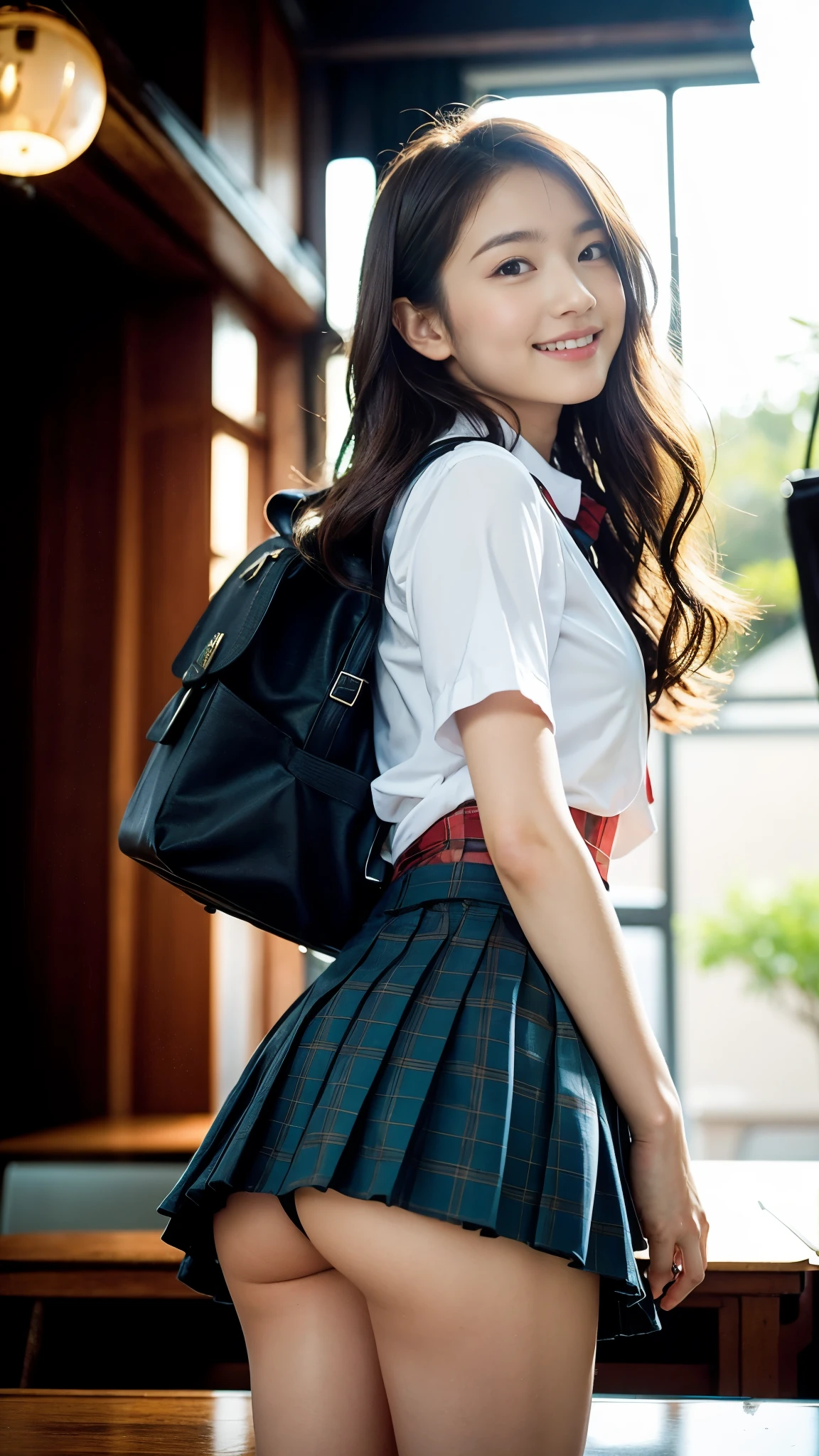 Stand in the classroom of school2girl girl,red tie uniform,dark blue closed blazer,blue and red plaid miniskirt:1.5,18-year-old,bangs,a little smile,thighs,knees,from below,random pose,pretty girl,slender girl,white panties:1.5,blonde with short cut:1.5,Side waves with a short cut,Carrying a black rucksack,butt exposed:1.5,