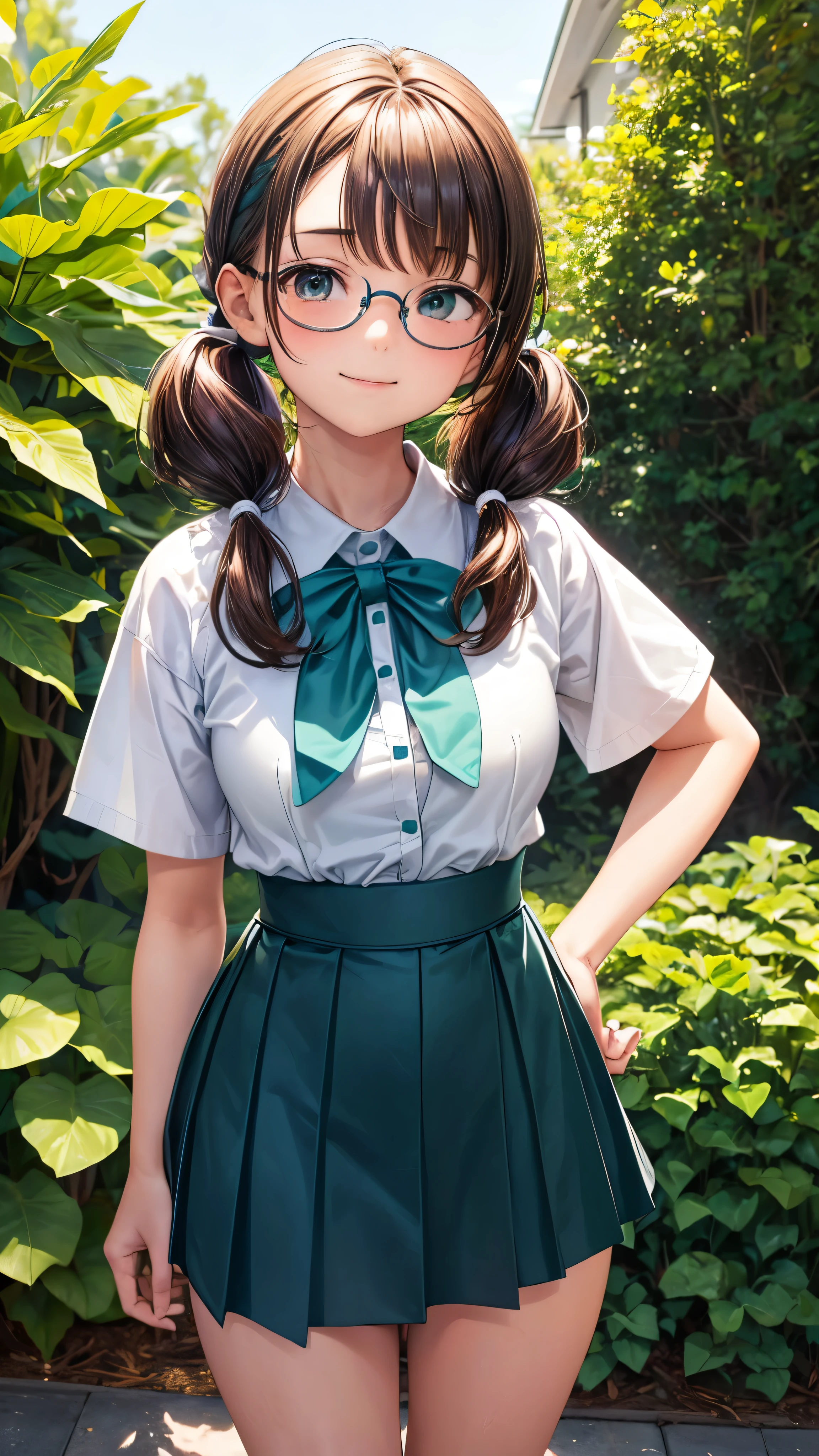 1 female,,brown hair,Beautiful low twintail hairstyle, (Teal High Waist Skirt:1.3),, (white shirt:1.3), (double breasted,under bust:1.2), short sleeve, gap between buttons,natural smile,,frameless eyeglasses,