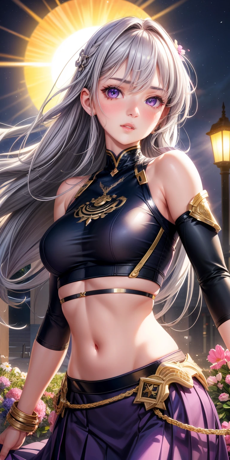 realistic, 1 girl, gray hair, purple eyes, shining eyes, crop top, skirt, parted lips, blush, night, flowers, sun, sunlight,