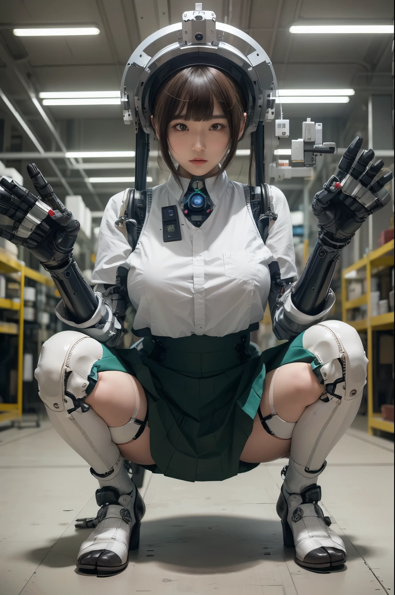 masterpiece, best quality, extremely detailed, Japanese android girl,Plump ,laboratory,android assembly plant,control panels,Squat,Mechanical Hand,Robot arms and legs, robot body,socks,blunt bangs,skirt