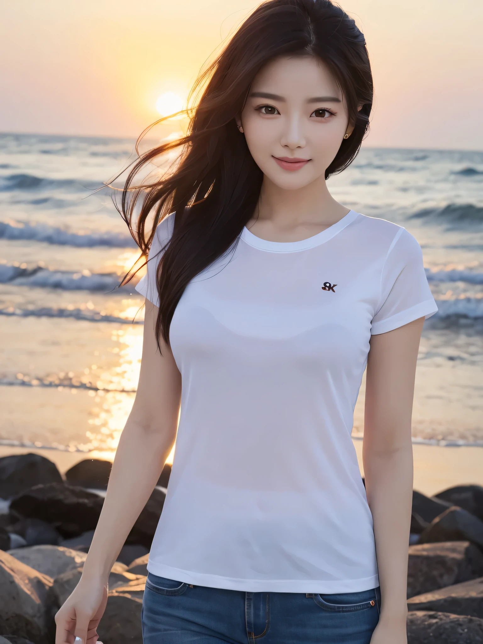 masterpiece, high resolution, best quality, Very detailed, Pink Eyes, Beautiful woman, Quick-drying sports short sleeves，beach，Long hair