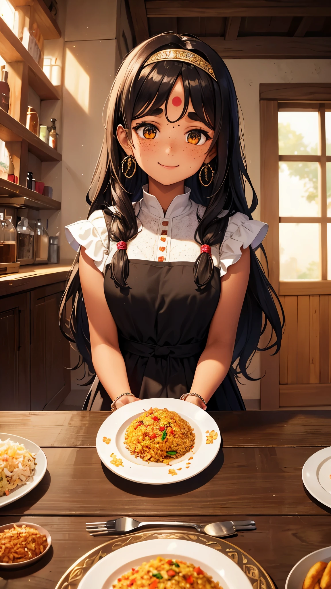 Masterpiece, high quality, (Young Indian girl:1.35), brown Eyes, black hair, )messy bride hair:1.35), long hair, smiley, (cute medieval folk peasant dress, Indian dress, sari), (a plate of fried rice), blush, smiley, happy, hair tie, (freckles:1.5), (tanned skin:1.35), red hairband, earrings, flower earrings, Romanticism, first-person view, pov, Eye-Level Shot, god rays, glowing light, reflection light, backlighting, anatomically correct, high details, tavern background