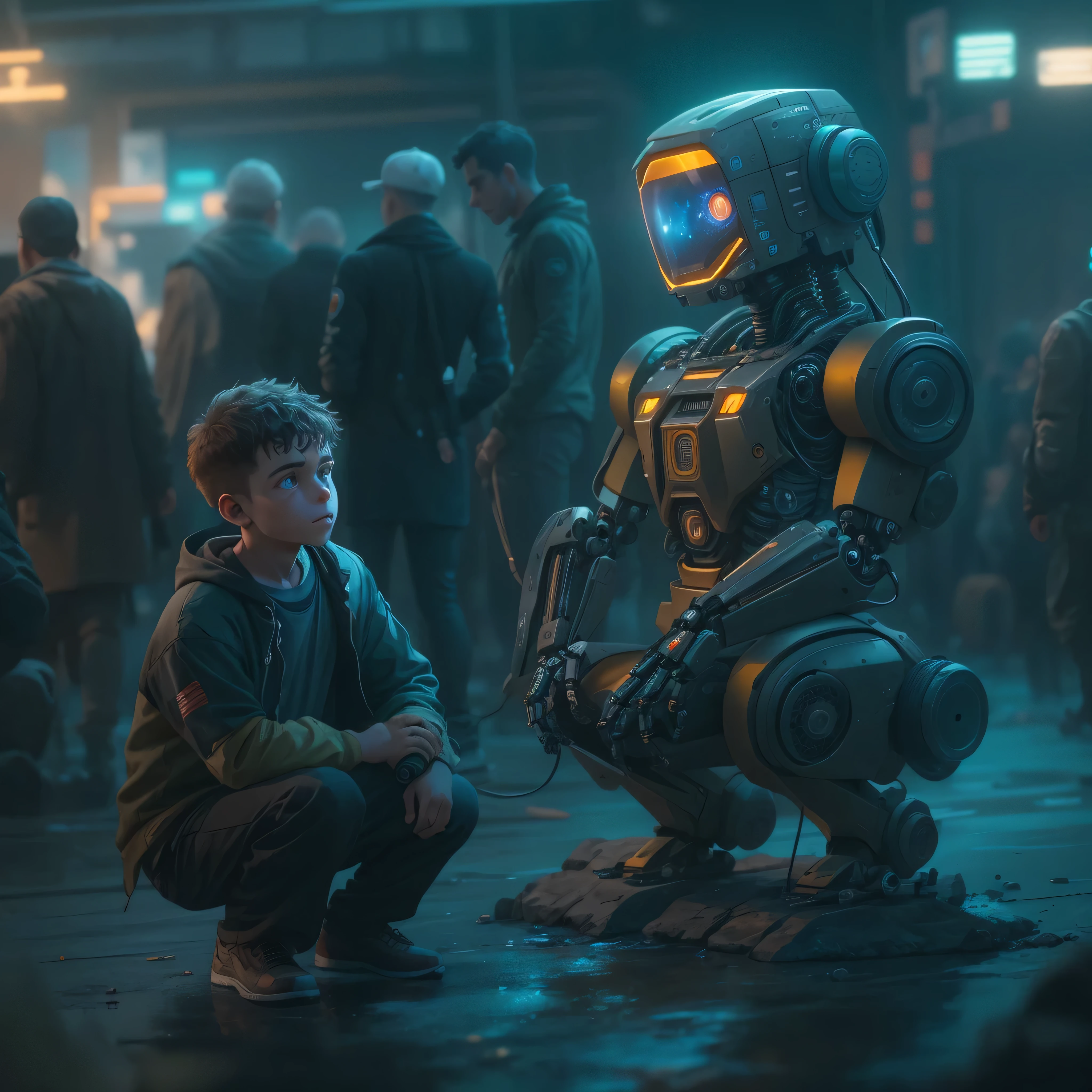 There's a boy who's kneeling with a robot, de um filme 2 0 1 9 sci fi 8k, meets robot, Pino Daeni e Dan Mumford, por beeple, cinematic beeple, depicted as a scifi scene, Retro Sci - Imagem de FI, Imagem absolutamente excepcional, 8K Cinematic Photography, cinematic realistic photo