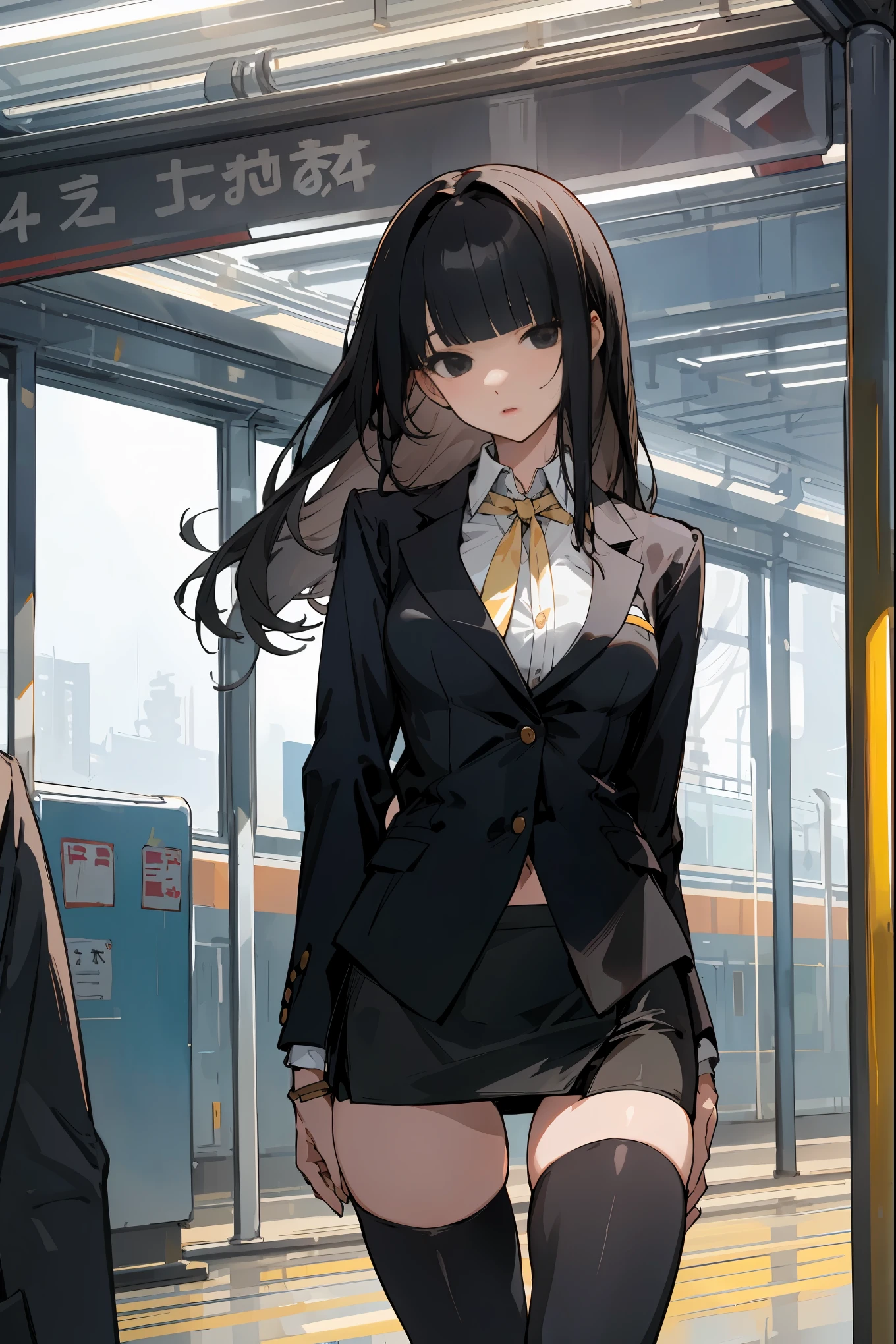 masterpiece,best quality,1woman solo,cowboy shot,20 year old beauty、black hair,long  hair,blunt  bangs,black eyes,ideal ratio body proportions,slender body,medium breasts,gleaming skin,Perfect Anatomy,walk,(black blazer jacket、black tight skirt、mini skirt、thigh_gap, black_thighhighs),train、Inside the station、congestion、Tokyo、