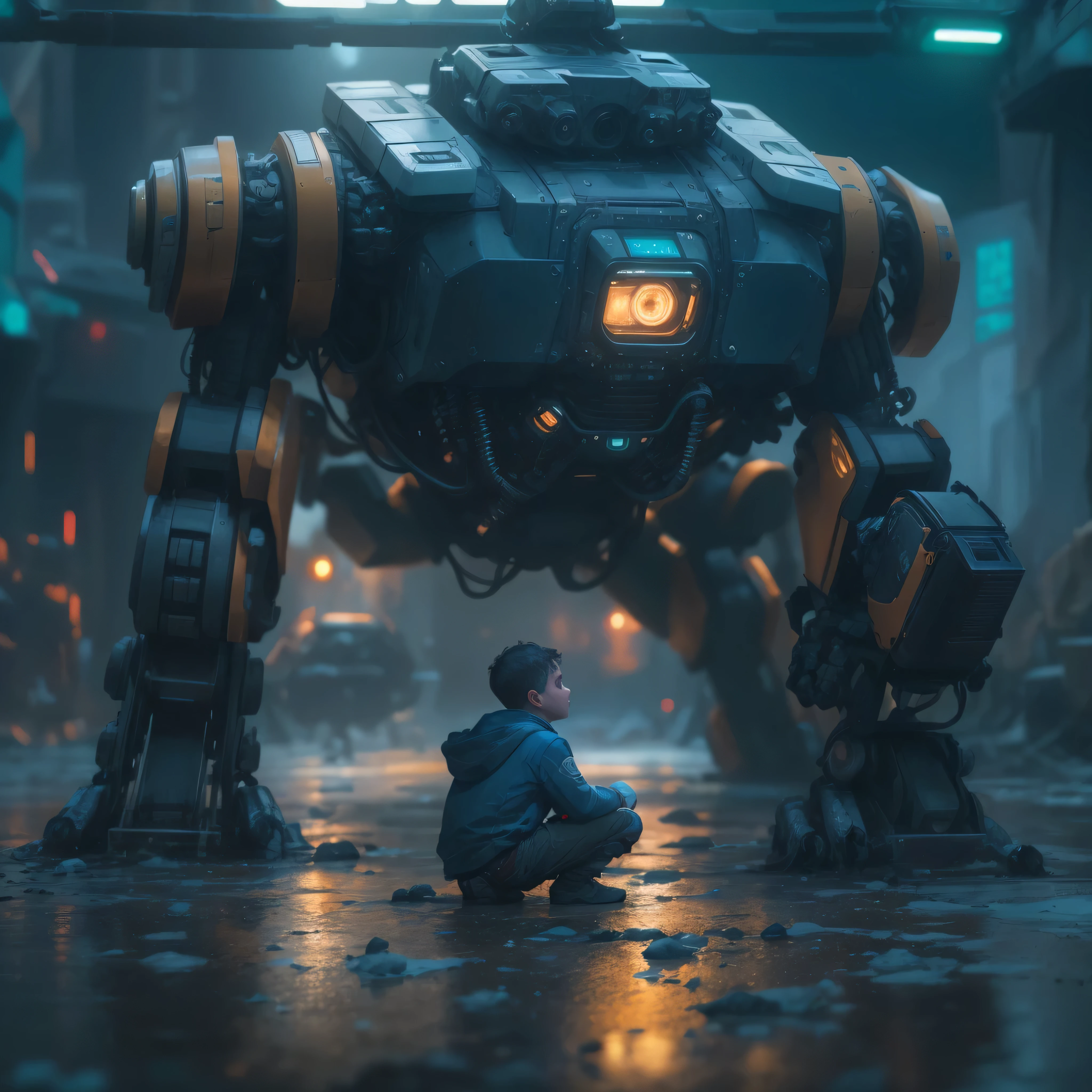 There's a boy who's kneeling with a robot, de um filme 2 0 1 9 sci fi 8k, meets robot, Pino Daeni e Dan Mumford, por beeple, cinematic beeple, depicted as a scifi scene, Retro Sci - Imagem de FI, Imagem absolutamente excepcional, 8K Cinematic Photography, cinematic realistic photo