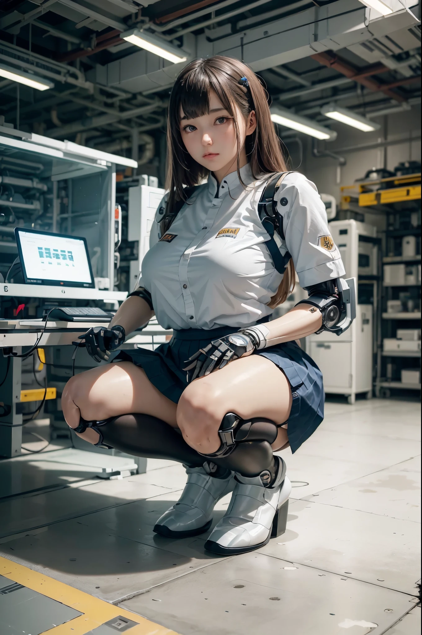 masterpiece, best quality, extremely detailed, Japanese android girl,Plump ,laboratory,android assembly plant,control panels,Squat,Mechanical Hand,Robot arms and legs, robot body,socks,blunt bangs,skirt