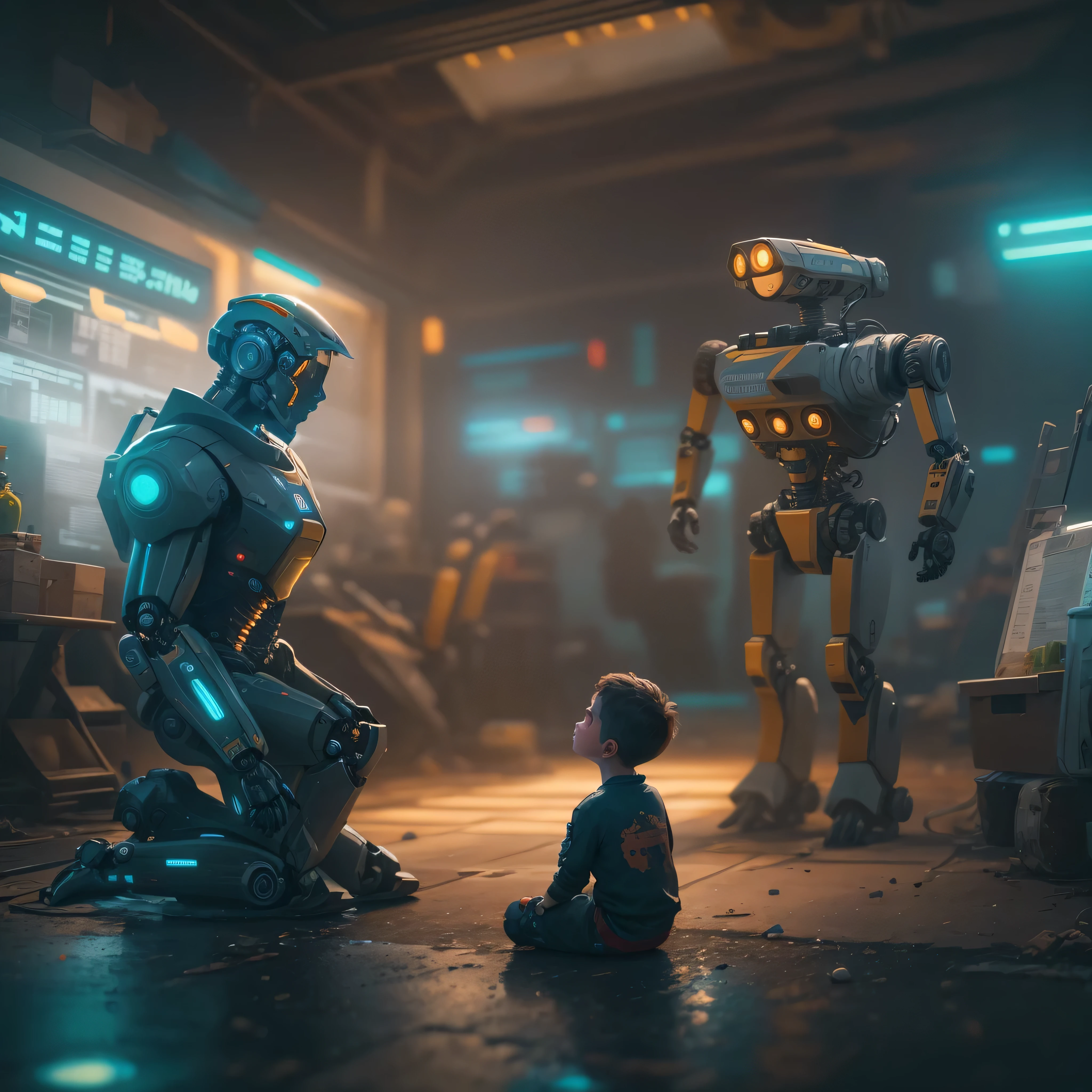 There's a boy who's kneeling with a robot, de um filme 2 0 1 9 sci fi 8k, meets robot, Pino Daeni e Dan Mumford, por beeple, cinematic beeple, depicted as a scifi scene, Retro Sci - Imagem de FI, Imagem absolutamente excepcional, 8K Cinematic Photography, cinematic realistic photo
