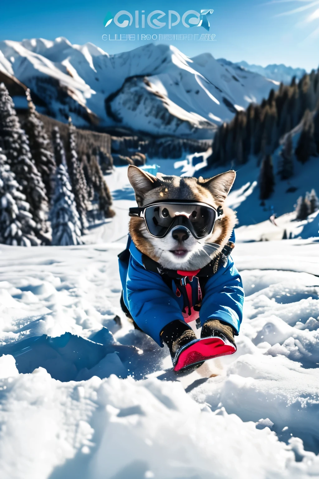 cat sledding down the mountain, high quality,masterpiece,cat,winter,animal wearing clothes,winter,cool,daytime,active,leisure,adventure,white,goggles,pet fashion,standing,four-legged,photo,depth of field,no captions