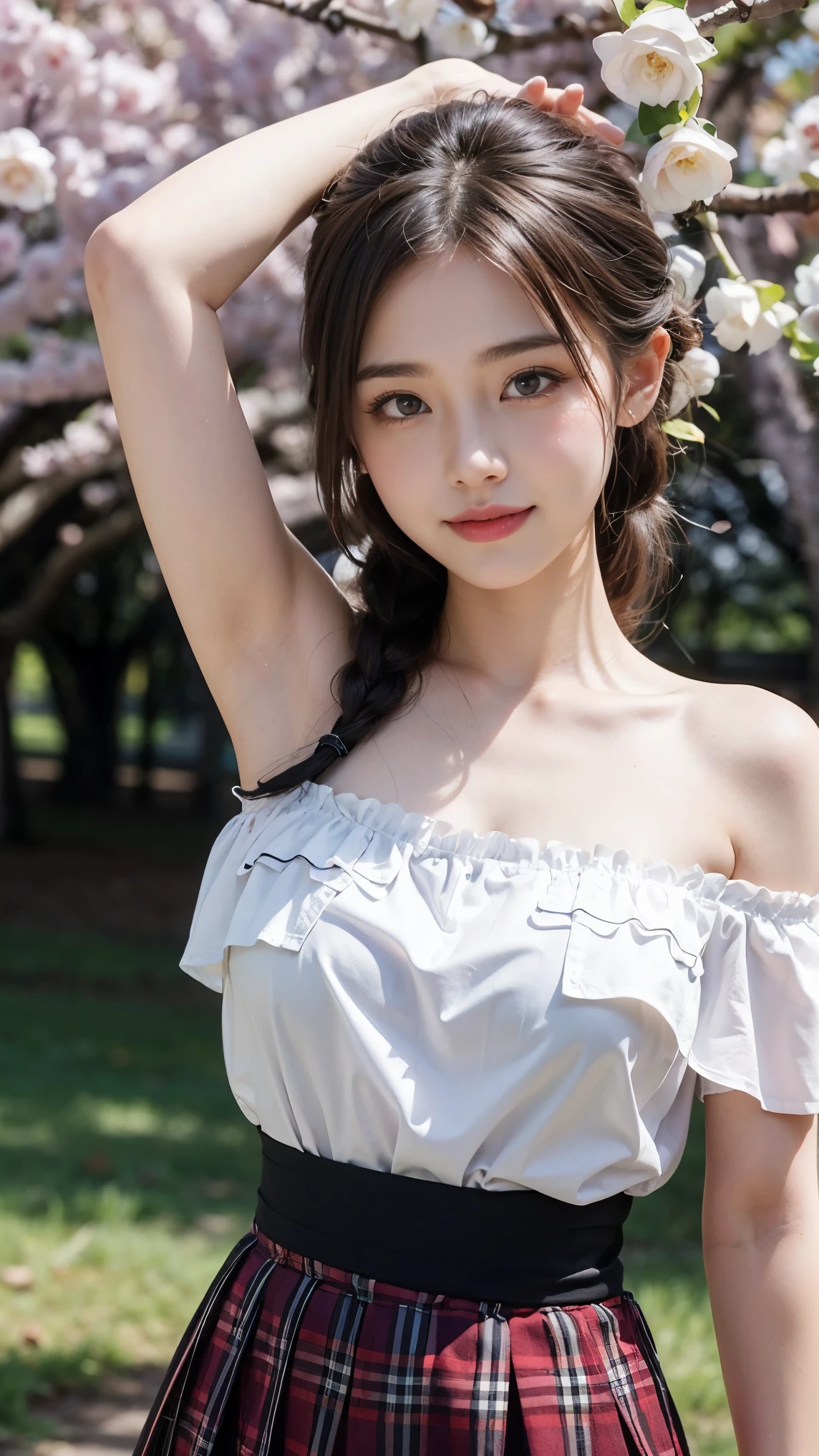 Masterpiece, Best Quality, Very Detailed, 8k, Photorealistic, soft focus, beautiful detailed eyes, detailed face, double eyelid, 1girl, solo, beautiful skin, real human skin, close-up shot, Half-body, beautiful firm breasts,mature body, 18 years old girl, beautiful girl, Japanese idol, smile like a goddess,
BREAK,(white off shoulder blouse:1.3),BREAK,(plaid long skirt:1.2),BREAK,(purple thong pantie), (french braid:1.3), brown hair,NSFW, A model poses against the backdrop of a stunning plum orchard full of plum blossoms, (Pose to show armpits:1.2),