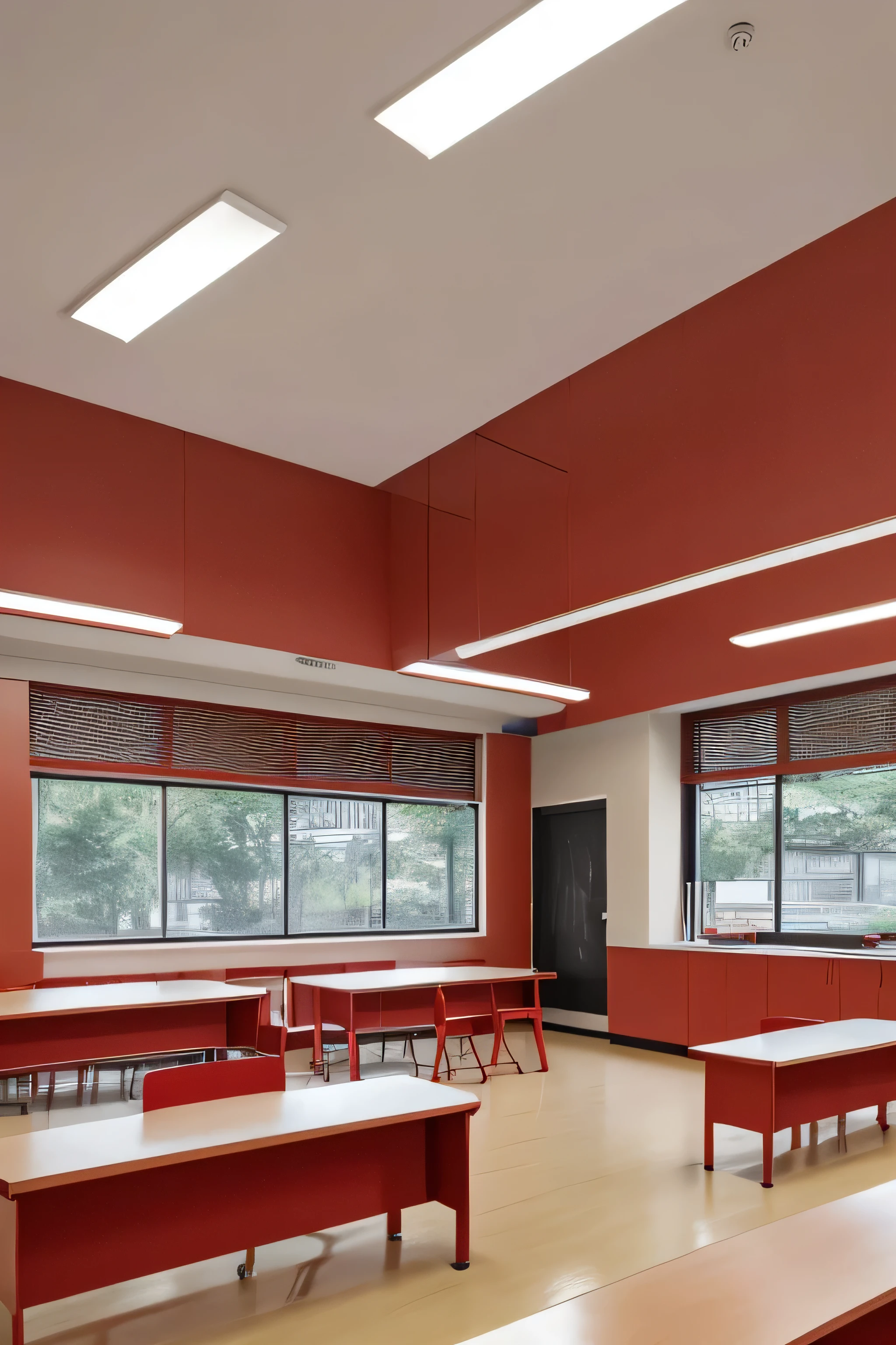 classroom, elementary school, red wall, eye camera angle, Benches and chairs are lined up neatly facing the front