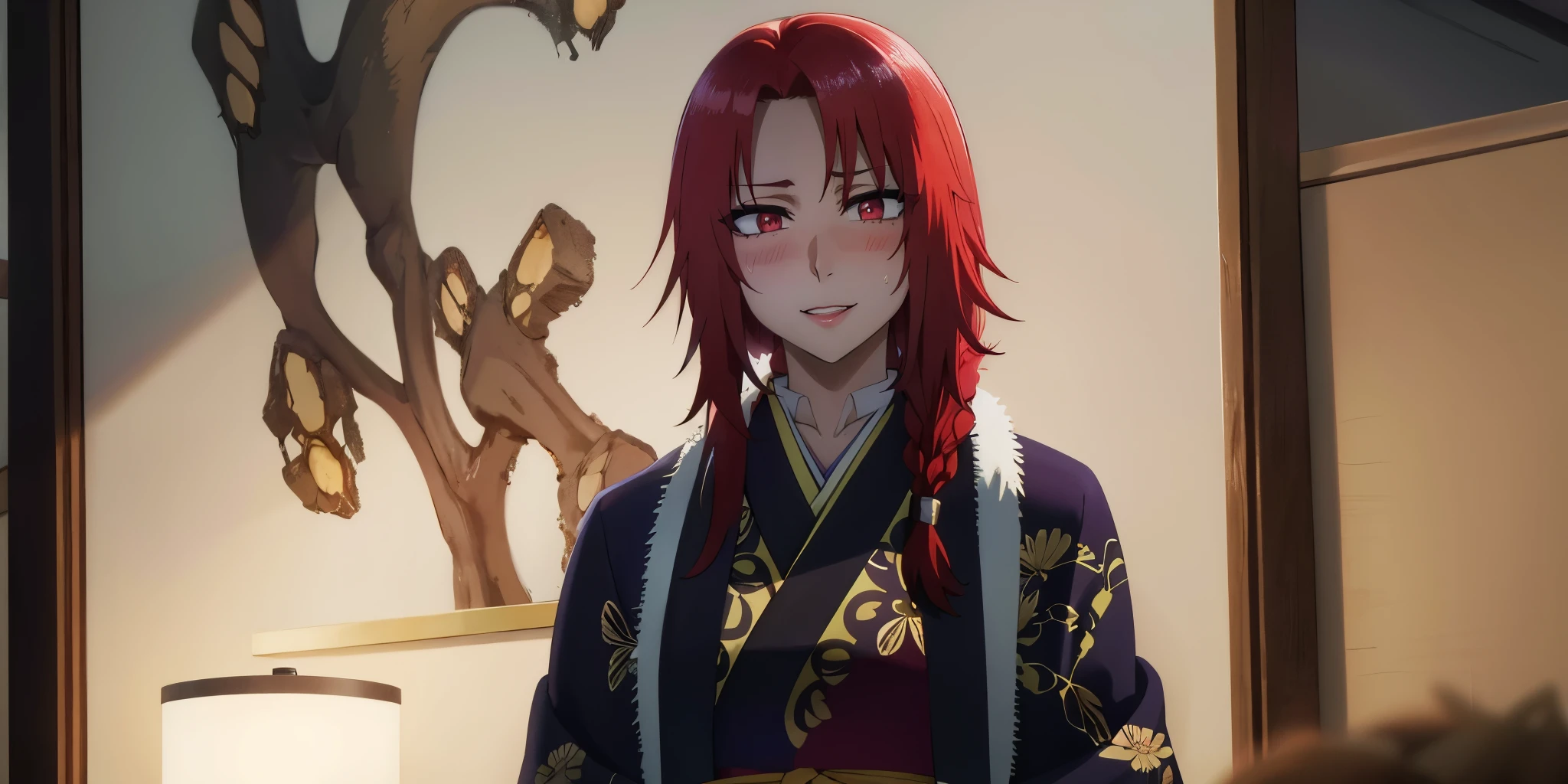 Iris, red hair, long hair, braid, red eyes, 1girl, japanese_clothes, kimono, hair_ornament, flower, solo, sash, hair_flower, obi, choker, looking_at_viewer, new_year, floral_print, fur_collar, lipstick, fur, makeup, fur_trim, glow effects, godrays, Hand drawn, render, 8k, octane render, cinema 4d, blender, dark, atmospheric 4k ultra detailed, cinematic, Sharp focus, big depth of field, Masterpiece, colors, 3d octane render, 4k, concept art, trending on artstation, hyperrealistic, Vivid colors, extremely detailed CG unity 8k wallpaper, trending on CGSociety, Intricate, High Detail, dramatic