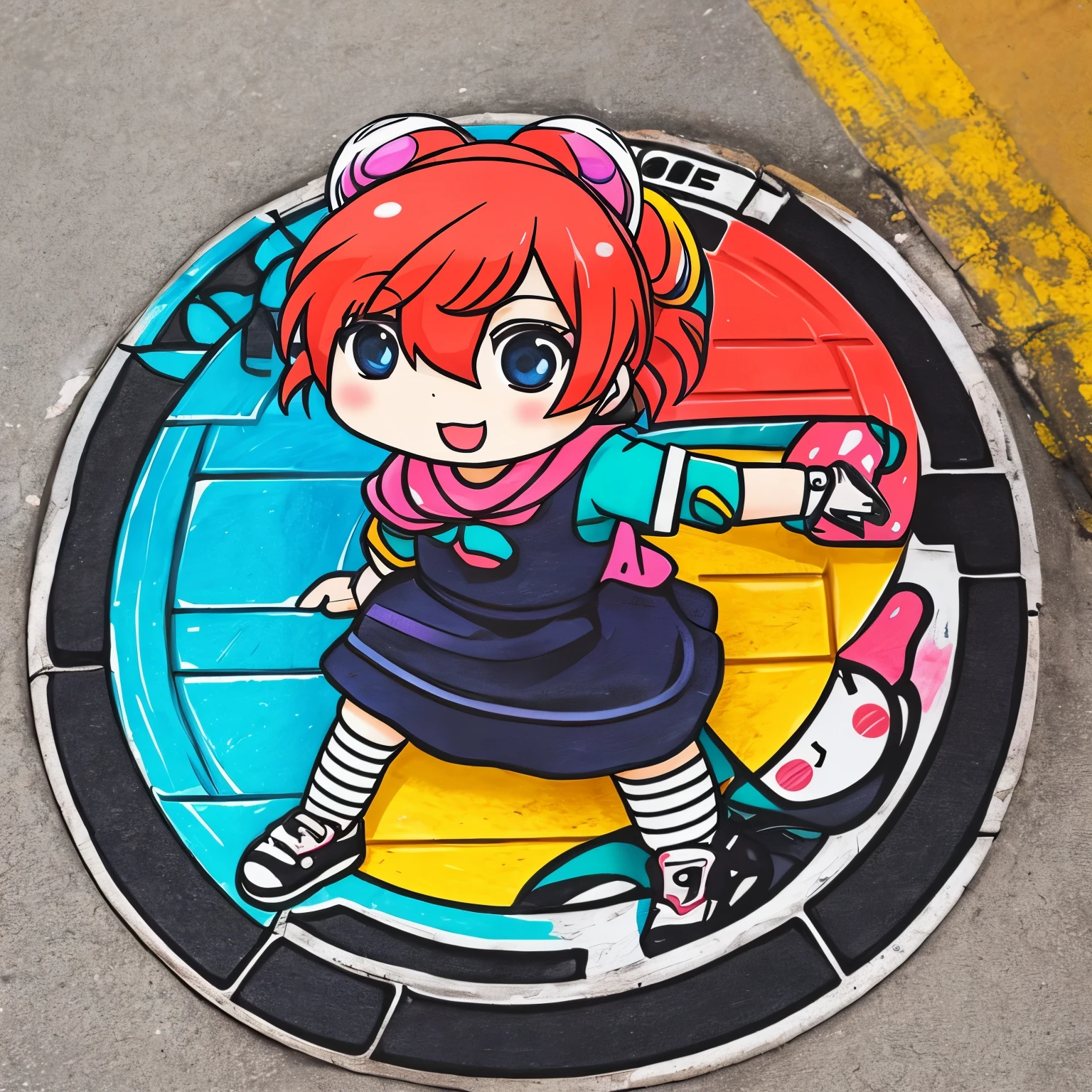 picture of manhole cover（line drawing、Bold line、colorful、Deformed、chibi girl、colorful）