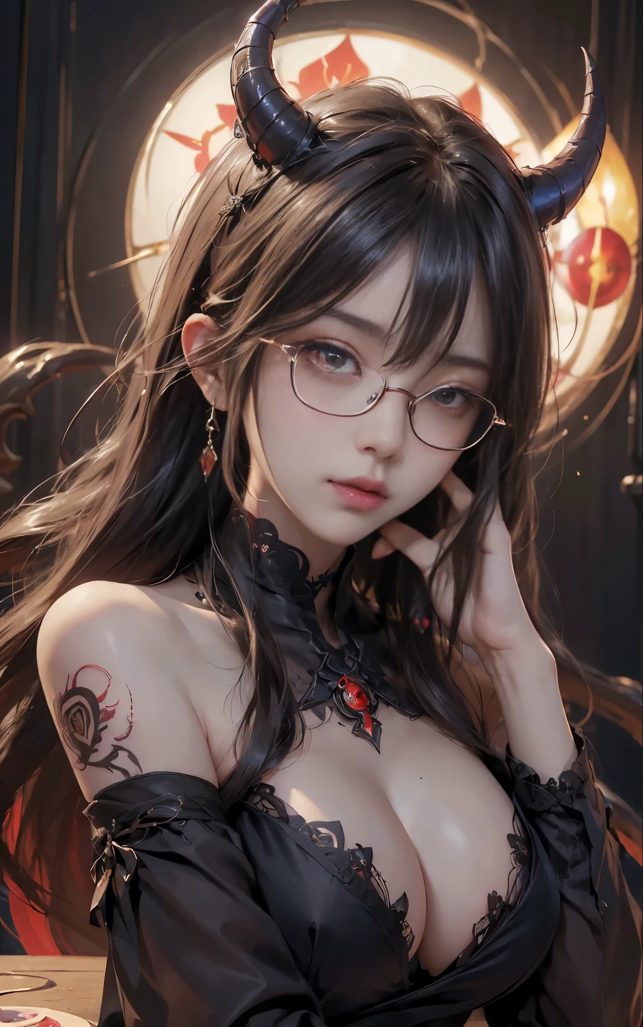got itですかですか、(best illustrations)、8k UHD resolution、intricate details、highest quality、realistic、Super detailed、best lighting、best shadows、soft lighting、Ultra HD、超realistic、Tyndall effect、Photoreal、(high detail skin:1.2)、 (intricate details, compensate, face to face with the children_v1:0.5), (got it, beautiful and delicate face, got itですか, beautiful and delicate eyes, perfectly proportioned face, high resolution skins, fine skin, Optimal ratio of 4 fingers and 1 thumb, arm under chest, red tattoo on lower abdomen、Wow wow, wide hips, smooth abdomen, thin and thin skin, __fashion__, __hair__:1.25)、Digital single-lens reflex camera、 absurd、(table top: 1.3), (maximum resolution: 1.2), (Ultra HDTV: 1.2), cinematic light, fine eyes and skin, detailed facial features, , (sharp focus: 1.2）, (focus on the face:1.2),perfect style, beautiful face, acura, anatomically correct, Highly detailed face and skin texture, fine eyes, double eyelid, thin eyebrows, glitter eyeliner: 1 natural cheeks, Glossy skin, Fair skin: 1.2, (glossy lips: 1.4),(embarrassed look: 1.2),Highly detailed face and skin texture, fine eyes, double eyelid, natural cheeks,  glossy lips: 1.4,exposed cleavage、Bewitching。charm、 Beautiful devil woman from hell, Surreal female portraits by David Hockney and Alphonse Mucha, charm女性の肖像画、fantasy art, Chinese humanoid、chinese actress、dungeon、dragon、devil&#39;palace of、devil&#39;torture chamber、night、dark style 、in the dark、(detailed spooky background:0.8), magic、 1 girl、evil nun、dark necromancer、Succubus、devil&#39;Daughter of、Shinonome Umi、bat wings，(((devil&#39;Horn)))、 ((((giant glasses, otaku glasses, thick glasses, round glasses)))),(((big breasts)))、(devil&#39;tail)、(red eyesは光り輝いて:1.6)、red eyesは非常に鮮明で詳細です, your eyes are made up so beautifully, ((red eyes:1.0)),intricate tattoo, demonic intricate tattoo, tattoo on thigh, body tattoo, masterpiece、最もbeautiful face、baby face、cute smile、beautiful plump red lips、筋肉のcharm体、devilのcharm体、devil style、charmブラックマジックコスチューム、The long-haired、Braid、Black hair、Ponytail distortion、, Ponytail with a bow tied at the back of the hair, beautiful expression、body up、big breasts強調、bust,  super tight chest, Breast augmentation surgery, Breasts are very big and round,tight waist、wide ass、 secret key, cowboy lens, (black phoenix dress: 1.0),  devil crown,  red sparkling gemstone necklace、Jewelry G Wise,  Please wear black mesh socks,Wearing light red、nffsw, nffsw, meet beautiful girls, look at the girl&#39;body of,