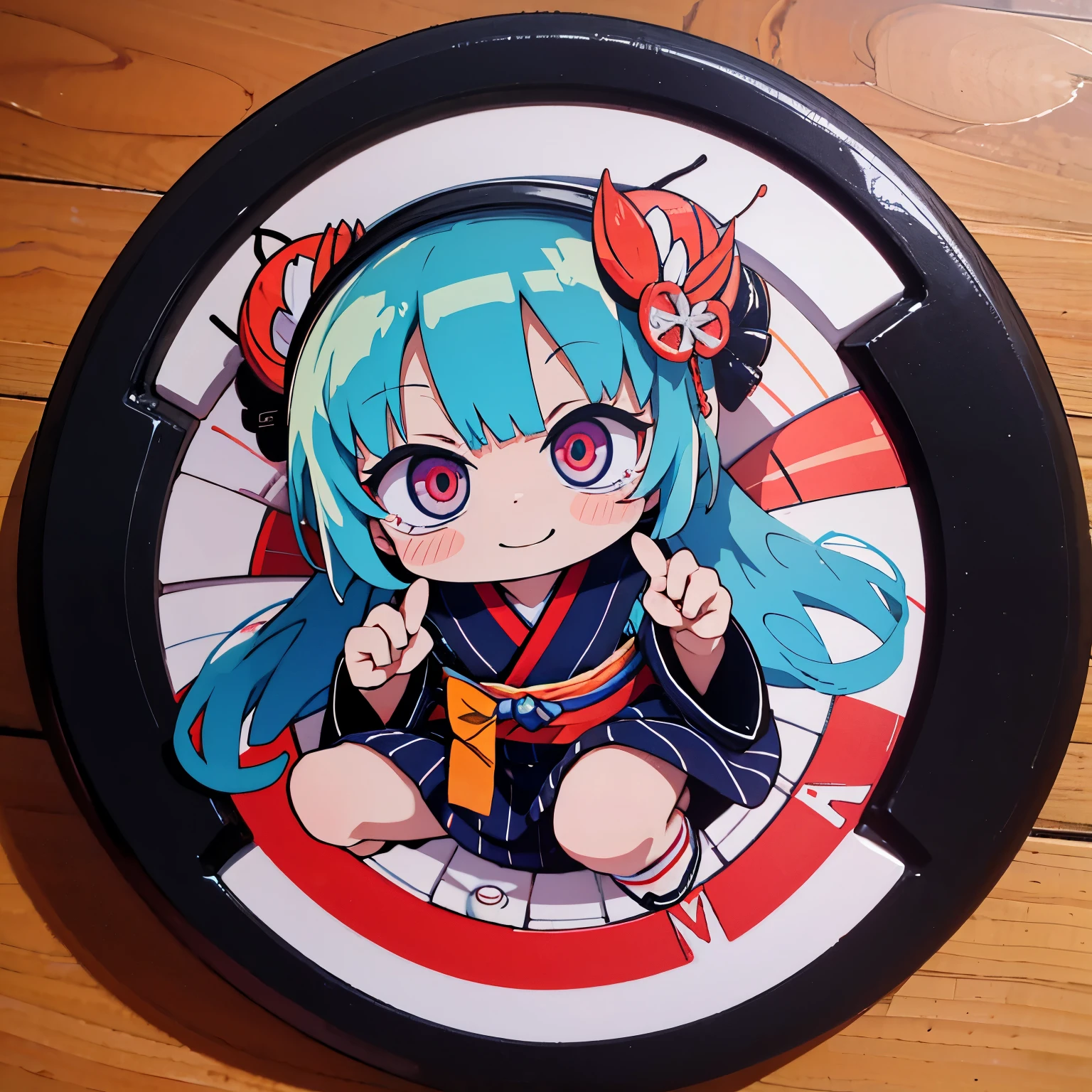 Anime characters in Japan（chibi girl、smile、kimono、butterfly hair ornament）There is a manhole cover with a、colorful