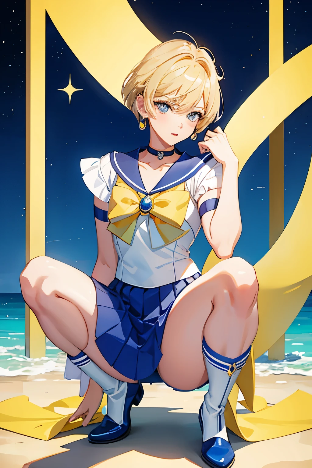 Sailor Uranus,1girl,blonde hair,blue choker,blue footwear,blue sailor collar,blue skirt,boots,choker,circlet,earrings,gloves,jewelry,magical girl,plant,sailor collar,sailor mercury,sailor senshi uniform,sailor uranus,short hair,skirt,solo,star choker,tiara,very short hair,white gloves,yellow bow