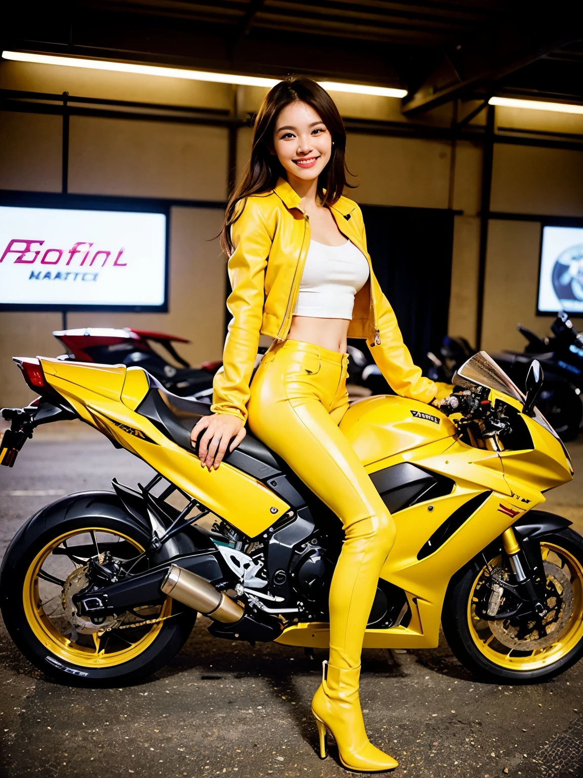 ((best quality)), ((masterpiece)), ((perfect face))、(detailed full cowl motorcycle)、Detailed and clear photos、((bike girls))、slender body、((Pastel yellow long sleeve riding jacket and leather pants))、smile、((posing next to a motorcycle))、(Racing Boots)