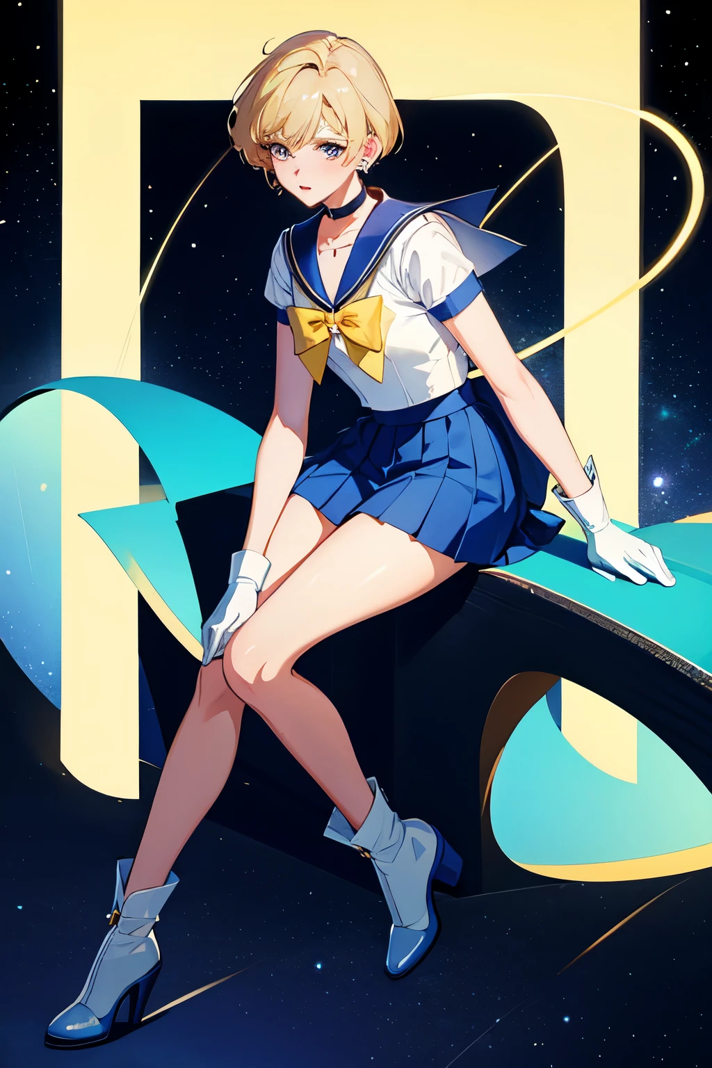 Sailor Uranus,1girl,blonde hair,blue choker,blue footwear,blue sailor collar,blue skirt,boots,choker,circlet,earrings,gloves,jewelry,magical girl,plant,sailor collar,sailor mercury,sailor senshi uniform,sailor uranus,short hair,skirt,solo,star choker,tiara,very short hair,white gloves,yellow bow