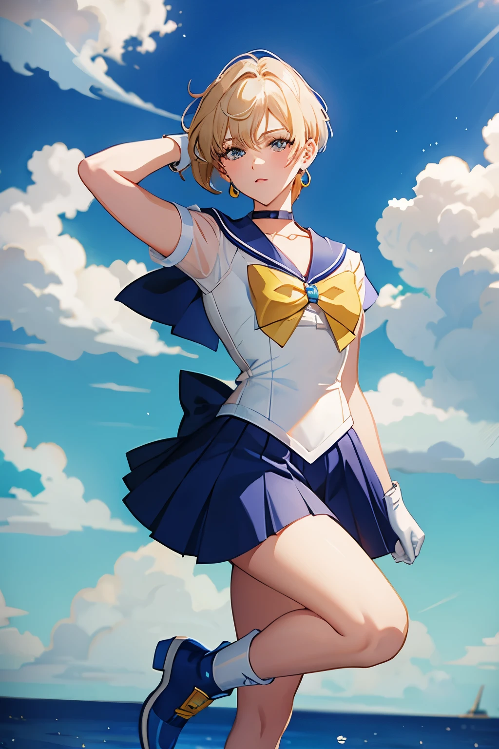 Sailor Uranus,1girl,blonde hair,blue choker,blue footwear,blue sailor collar,blue skirt,boots,choker,circlet,earrings,gloves,jewelry,magical girl,plant,sailor collar,sailor mercury,sailor senshi uniform,sailor uranus,short hair,skirt,solo,star choker,tiara,very short hair,white gloves,yellow bow