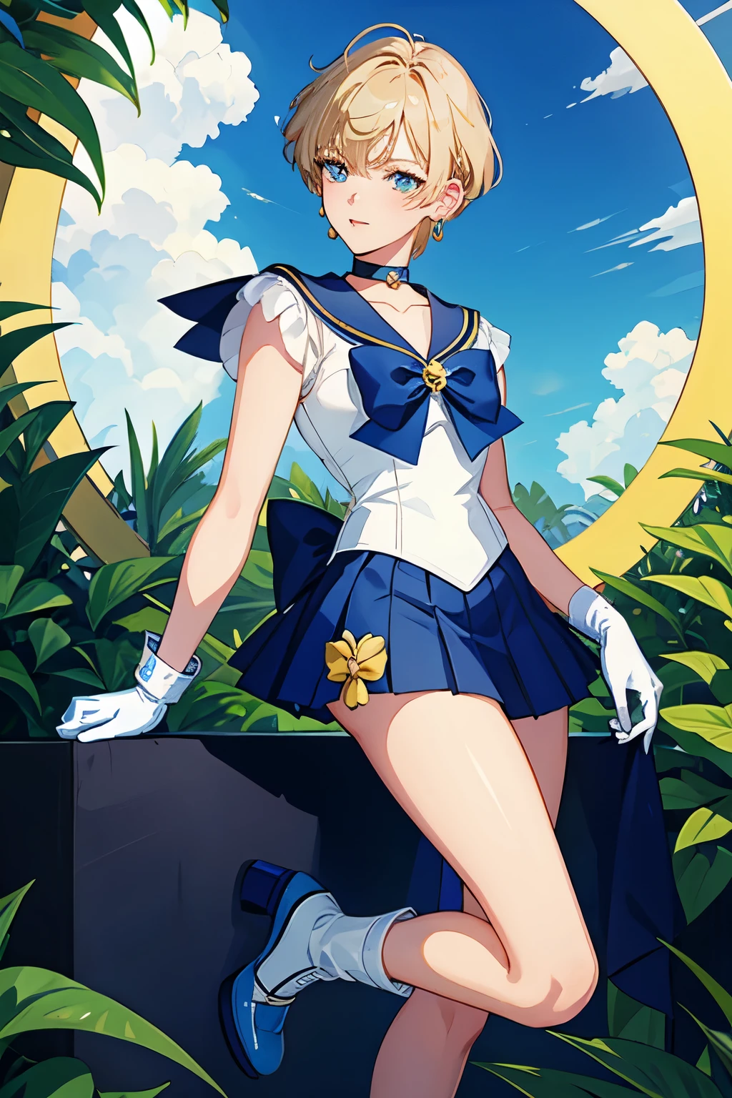 Sailor Uranus,1girl,blonde hair,blue choker,blue footwear,blue sailor collar,blue skirt,boots,choker,circlet,earrings,gloves,jewelry,magical girl,plant,sailor collar,sailor mercury,sailor senshi uniform,sailor uranus,short hair,skirt,solo,star choker,tiara,very short hair,white gloves,yellow bow