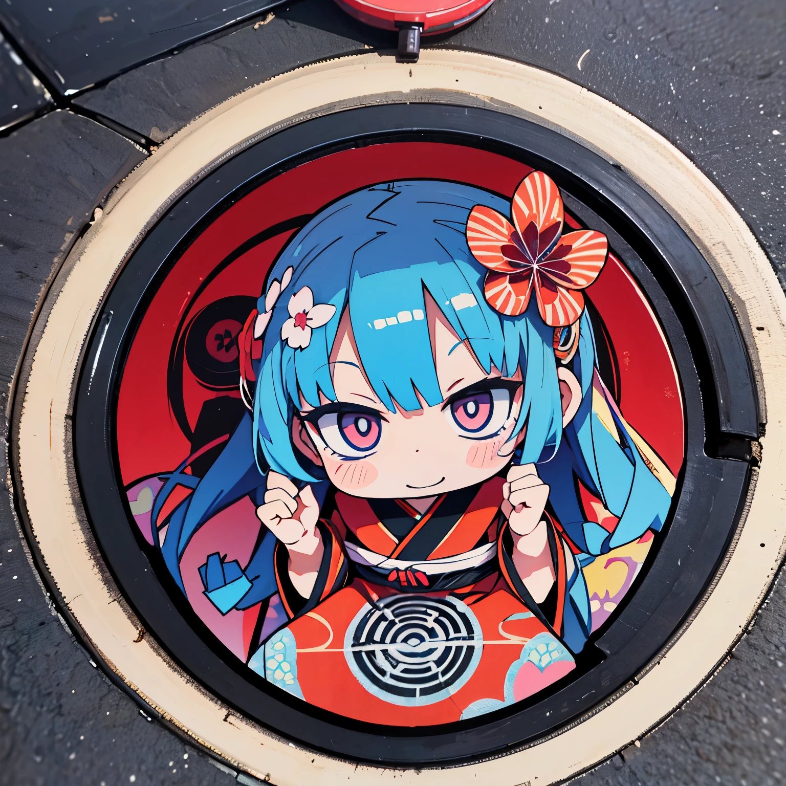Anime characters in Japan（chibi girl、smile、kimono、butterfly hair ornament）There is a manhole cover with a、colorful