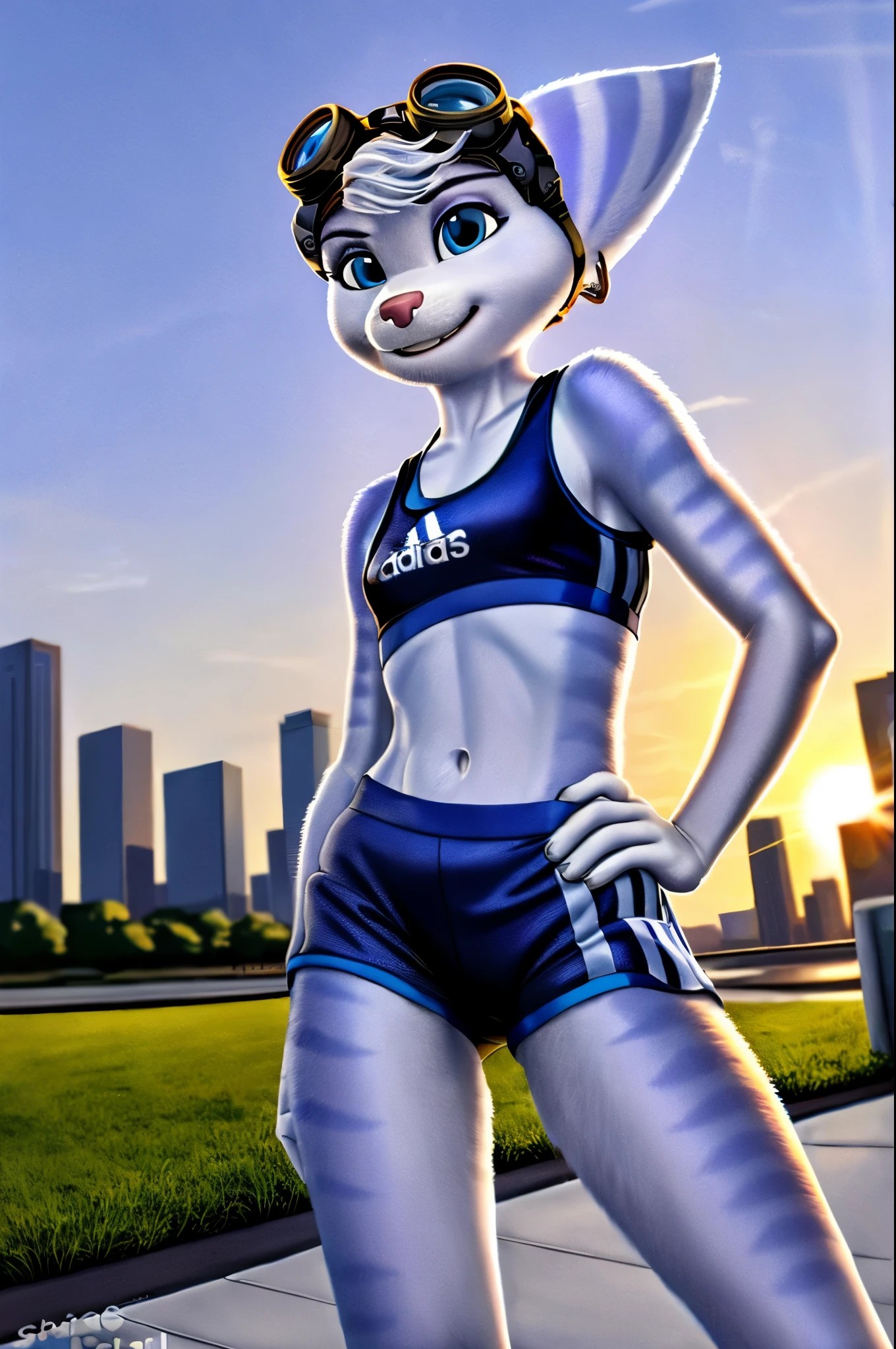 Rivet, furry girl, young,adidas nylon gym shorts, adidas nylon sports bra , adidas sports shoues, city park, evening sun, detailed body fur, detailed body, detailed eyes, detailed face, wet fur, skinny, high quality, masterpiece, small breasts, goggles, :D, looking at you, full body,