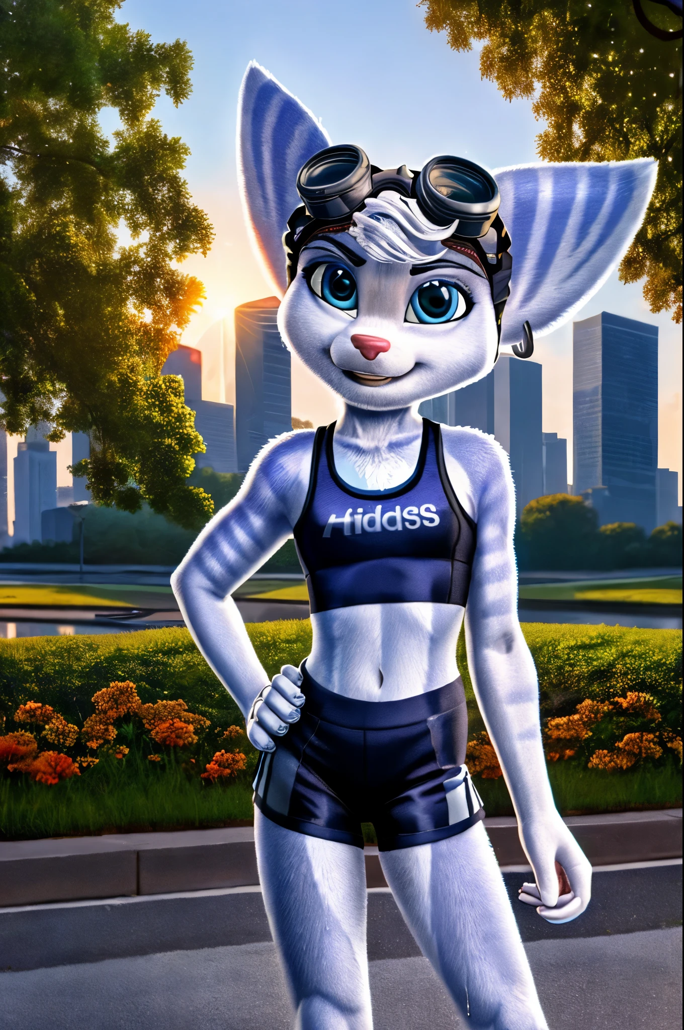 Rivet, furry girl, young,adidas nylon gym shorts, adidas nylon sports bra , adidas sports shoues, city park, evening sun, detailed body fur, detailed body, detailed eyes, detailed face, wet fur, skinny, high quality, masterpiece, small breasts, goggles, :D, looking at you, full body,