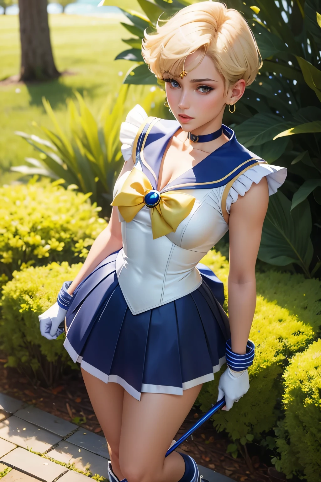 Sailor Uranus,1girl,blonde hair,blue choker,blue footwear,blue sailor collar,blue skirt,boots,choker,circlet,earrings,gloves,jewelry,magical girl,plant,sailor collar,sailor mercury,sailor senshi uniform,sailor uranus,short hair,skirt,solo,star choker,tiara,very short hair,white gloves,yellow bow