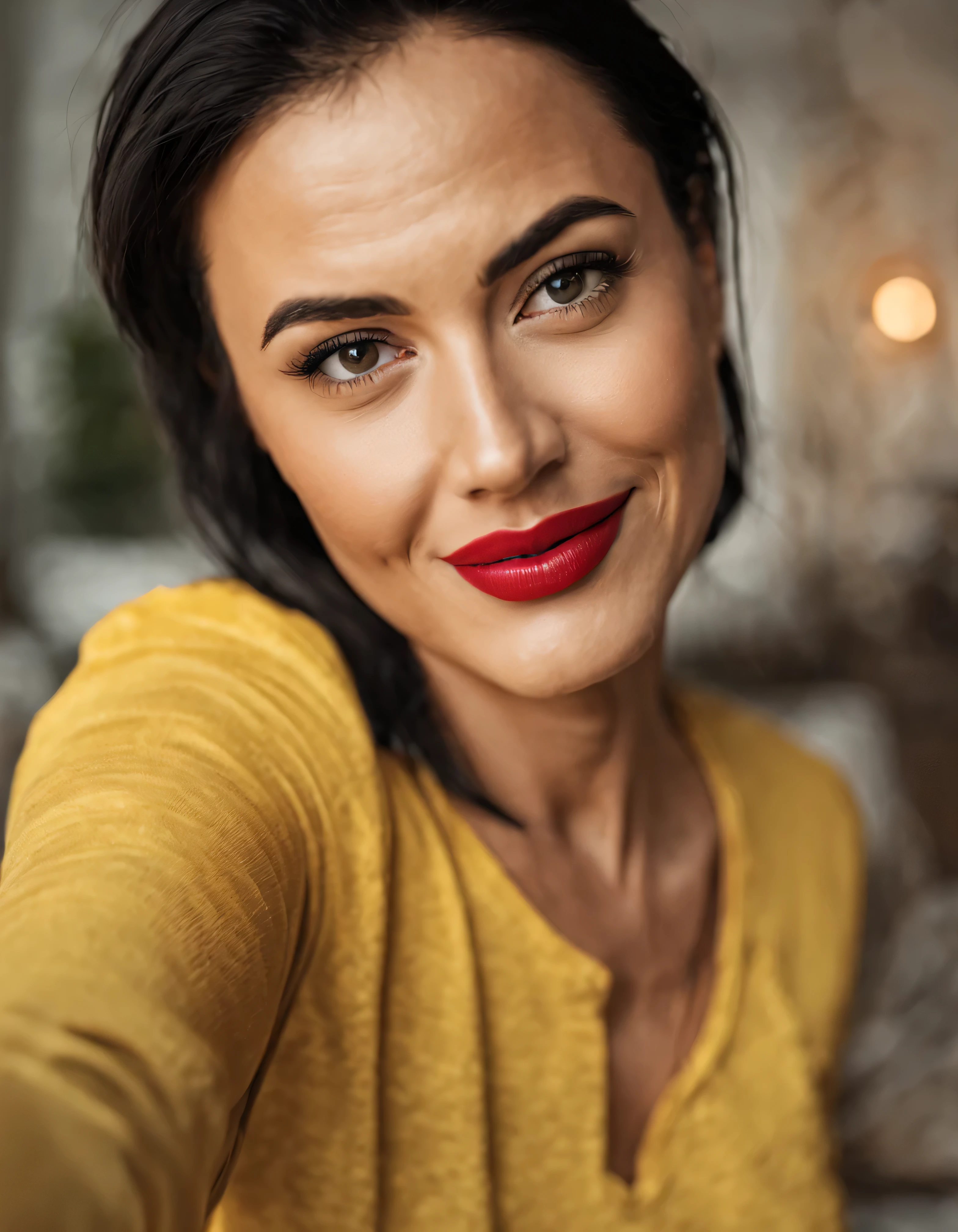 selfie style, bright realistic photograph of Beautiful Eurasian woman. aged 35, buxom , short black hair in ponytail , ,lipstick , yellow tshirt , in stylish living room, attractive eye contact, , hi res, 8k, , happy look ,