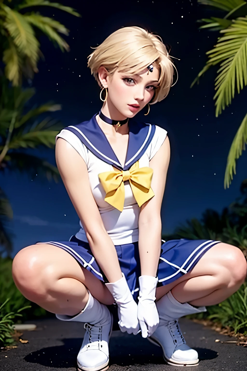 Sailor Uranus,1girl,blonde hair,blue choker,blue footwear,blue sailor collar,blue skirt,boots,choker,circlet,earrings,gloves,jewelry,magical girl,plant,sailor collar,sailor mercury,sailor senshi uniform,sailor uranus,short hair,skirt,solo,star choker,tiara,very short hair,white gloves,yellow bow