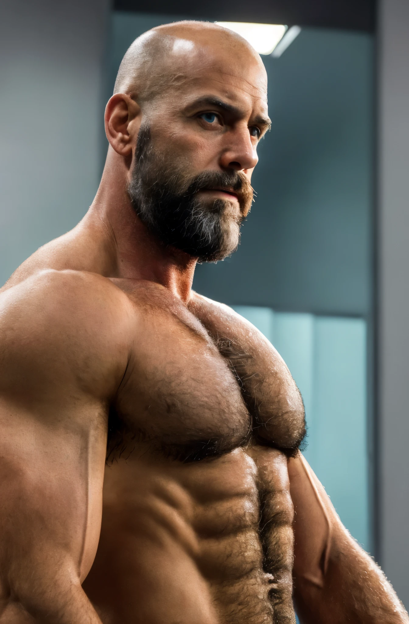 (best quality, highres, ultra-detailed, realistic:1.37), Hiperrealism, hiperdetailed, natural colors, soft light, portrait, 40 years old man, muscled, tall, hairy body, hairy chest, virility, actor, gay porn, very sexual, handsome, bald, black beard, naked, no clothes, sex symbol.