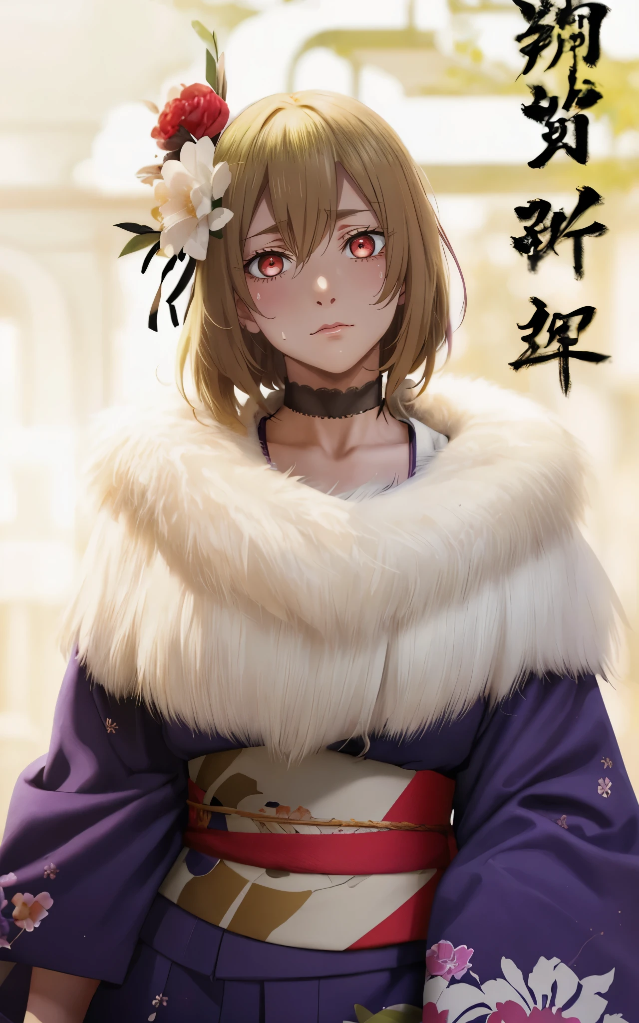 (blonde hair:1.7), red eyes, 1girl, japanese_clothes, kimono, hair_ornament, flower, solo, sash, hair_flower, obi, choker, looking_at_viewer, new_year, floral_print, fur_collar, lipstick, fur, makeup, fur_trim, glow effects, godrays, Hand drawn, render, 8k, octane render, cinema 4d, blender, dark, atmospheric 4k ultra detailed, cinematic, Sharp focus, big depth of field, Masterpiece, colors, 3d octane render, 4k, concept art, trending on artstation, hyperrealistic, Vivid colors, extremely detailed CG unity 8k wallpaper, trending on CGSociety, Intricate, High Detail, dramatic